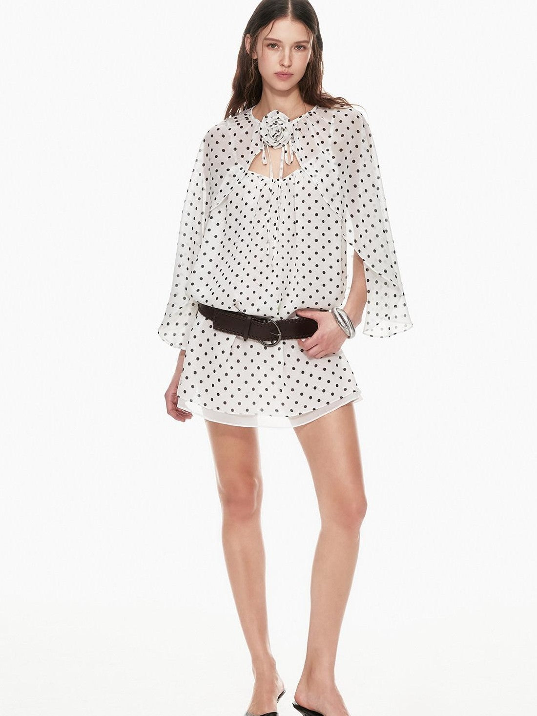 STRIKE A POSE Black White Polka Dot Cinched Tie Neck 3 4 Sleeve Women&