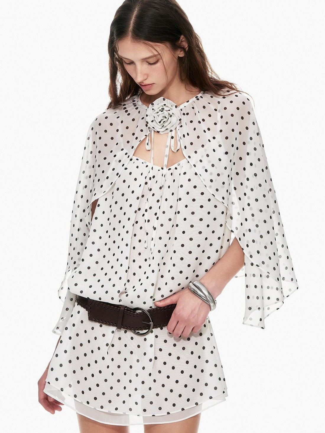 STRIKE A POSE Black White Polka Dot Cinched Tie Neck 3 4 Sleeve Women&