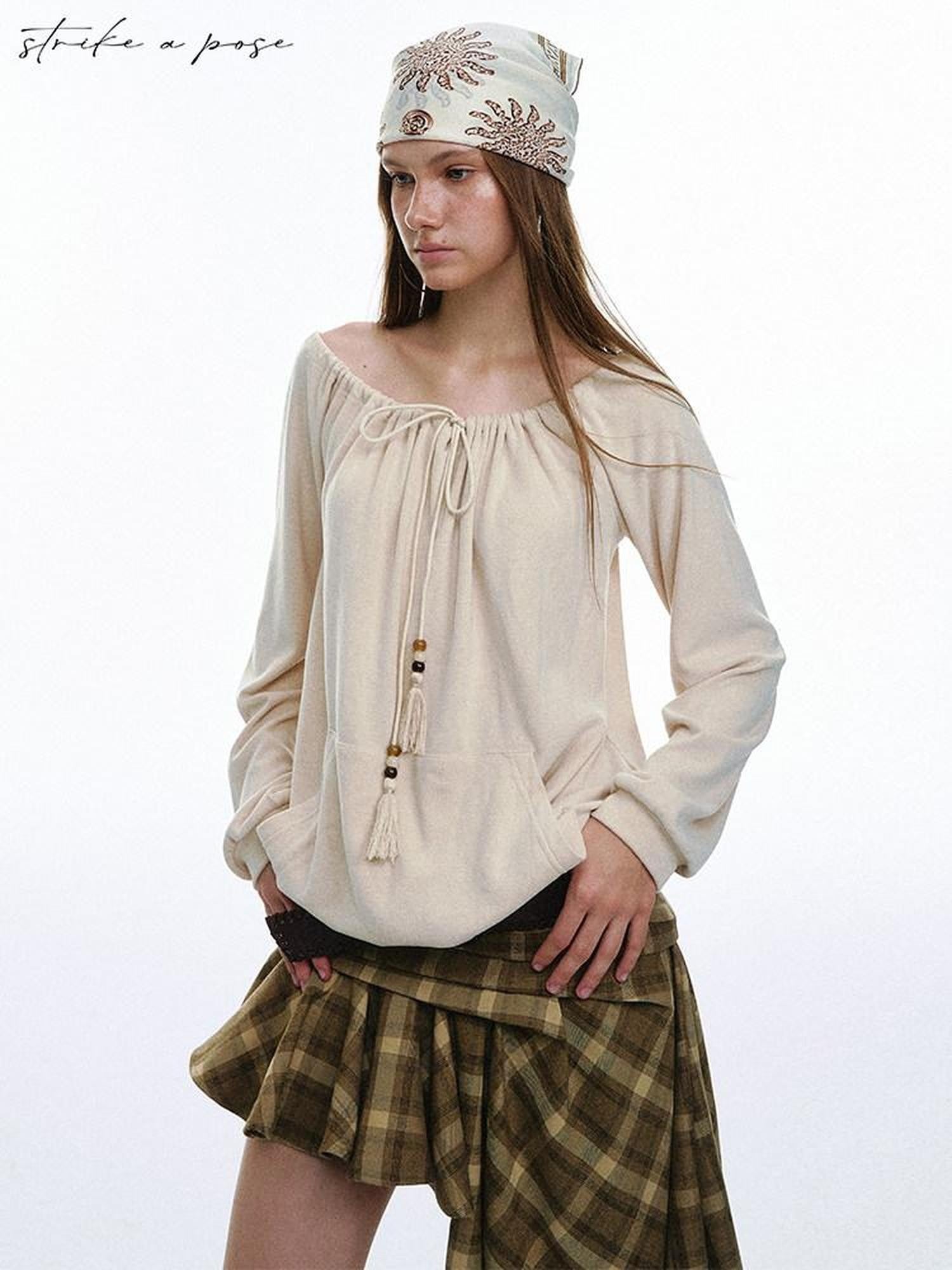 STRIKE A POSE Bohemian Off Shoulder Drawstring Tassel Loose Women&