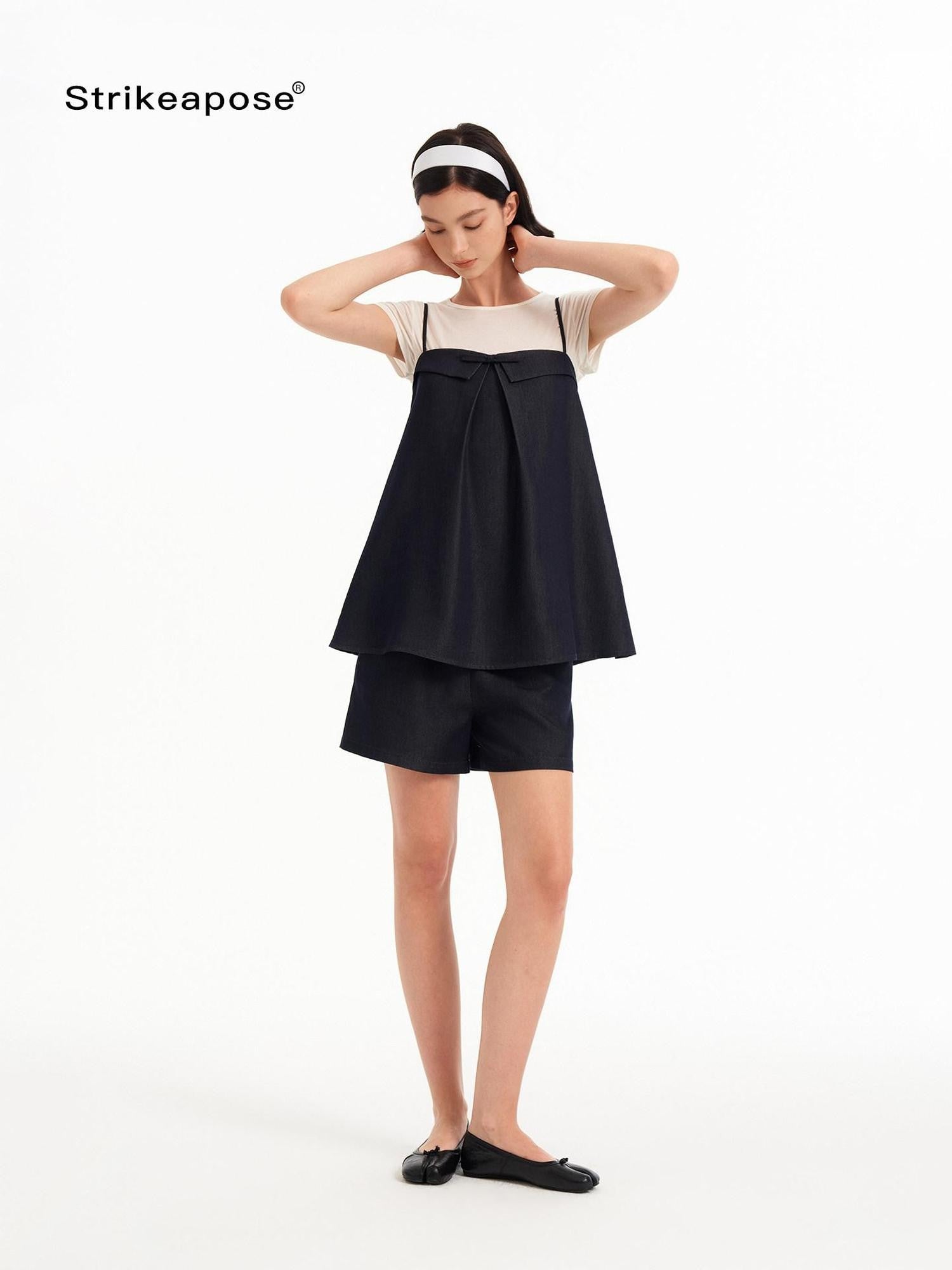 STRIKE A POSE Bow Aline Camisole Loose Shorts Women&