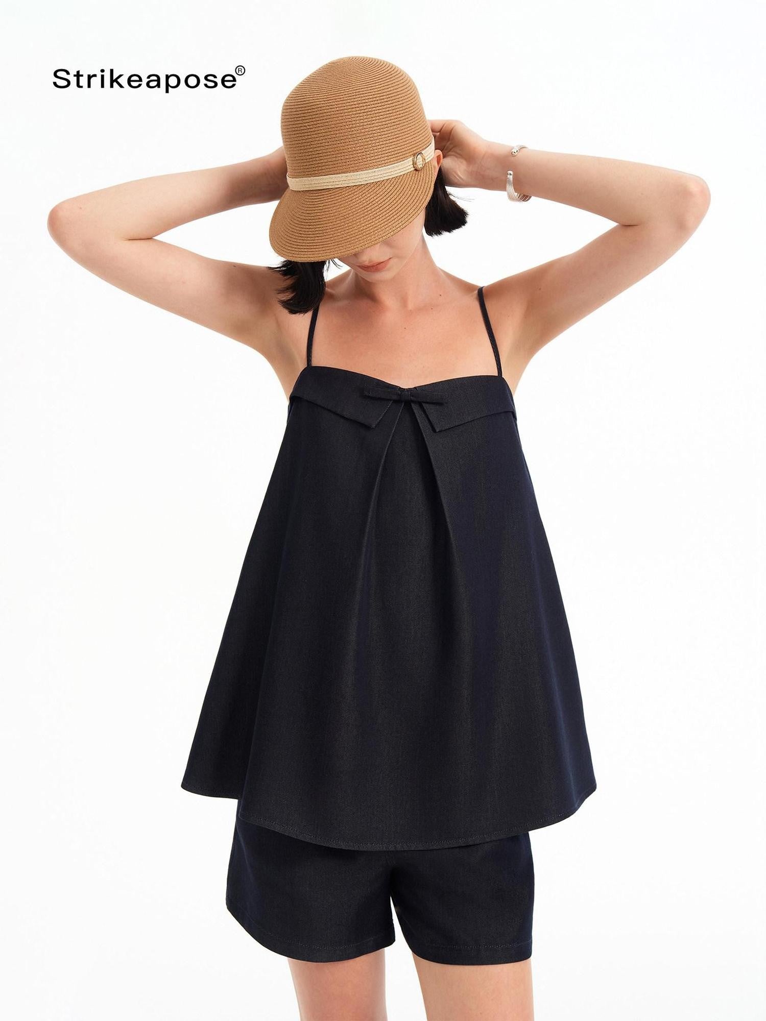 STRIKE A POSE Bow Aline Camisole Loose Shorts Women&
