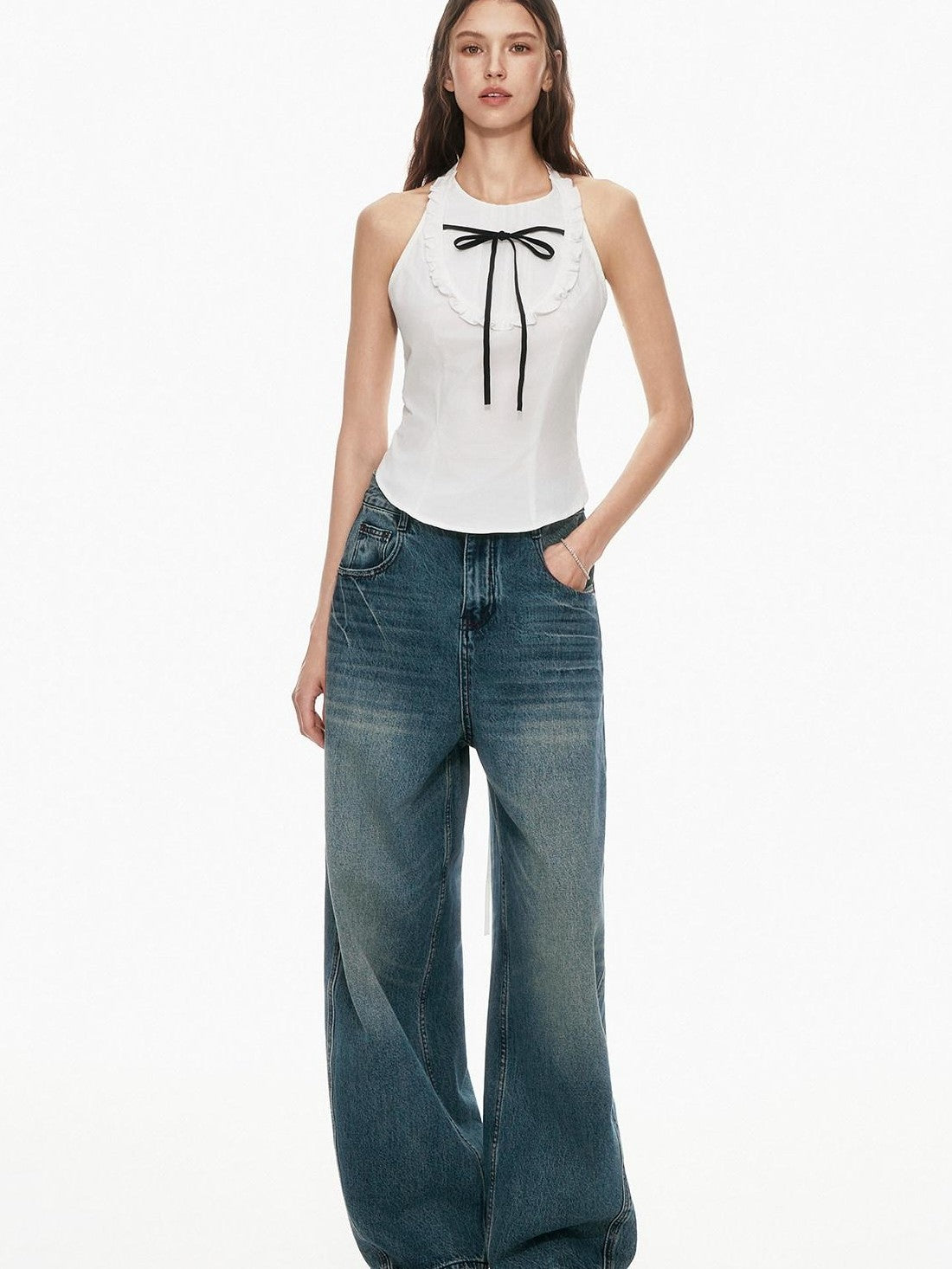 STRIKE A POSE Bow Tie Tucked Backless Cropped Slim Waist Women&