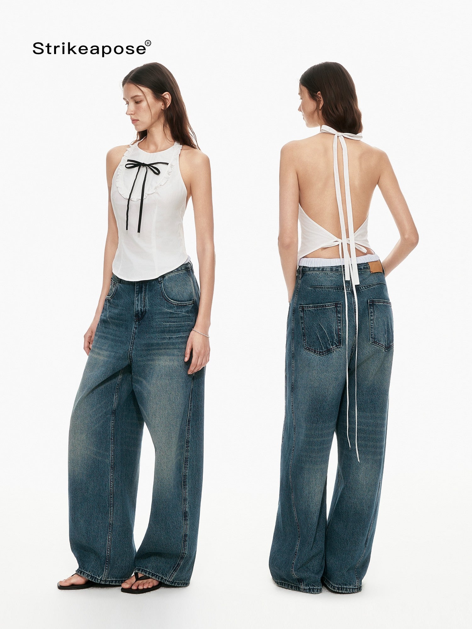 STRIKE A POSE Bow Tie Tucked Backless Cropped Slim Waist Women&