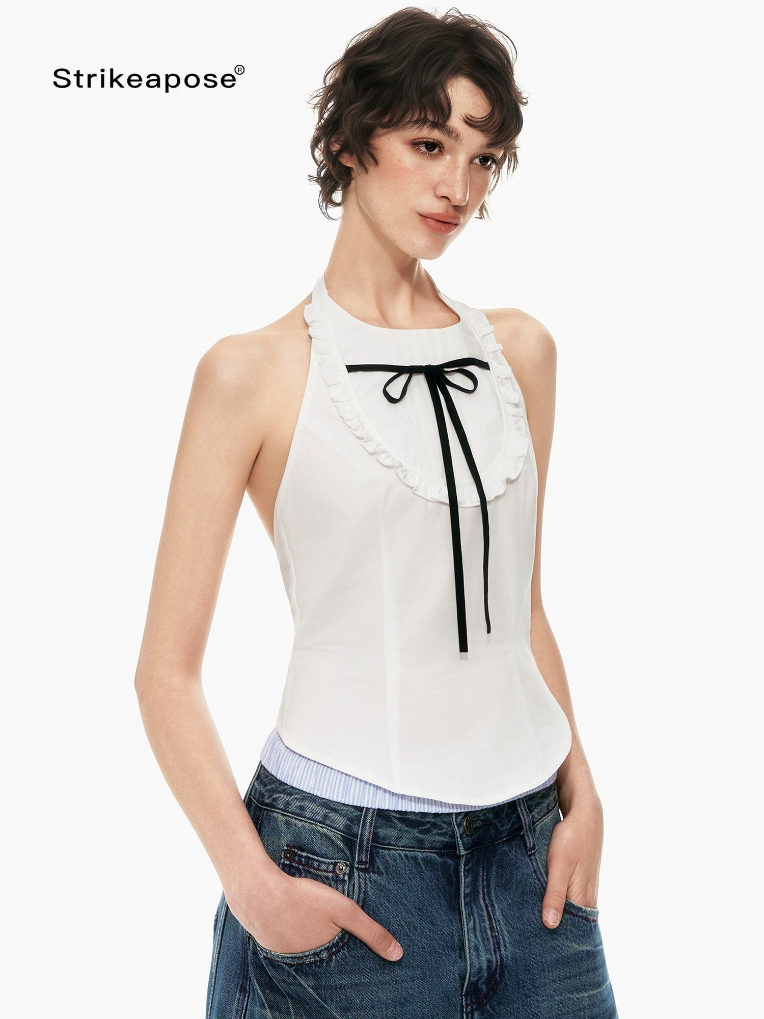 STRIKE A POSE Bow Tie Tucked Backless Cropped Slim Waist Women&