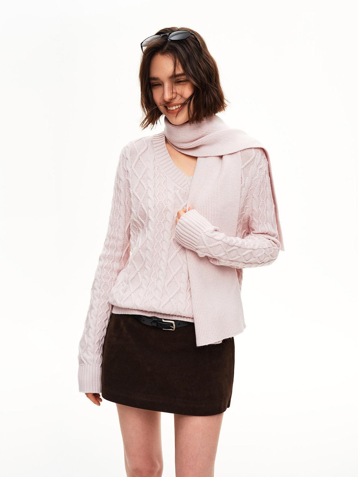 STRIKE A POSE Cable Knit Argyle V-neck Wool Blend Loose Fit Women&