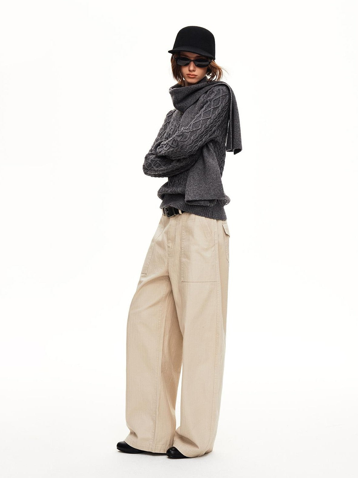 STRIKE A POSE Cable Knit Argyle V-neck Wool Blend Loose Fit Women&