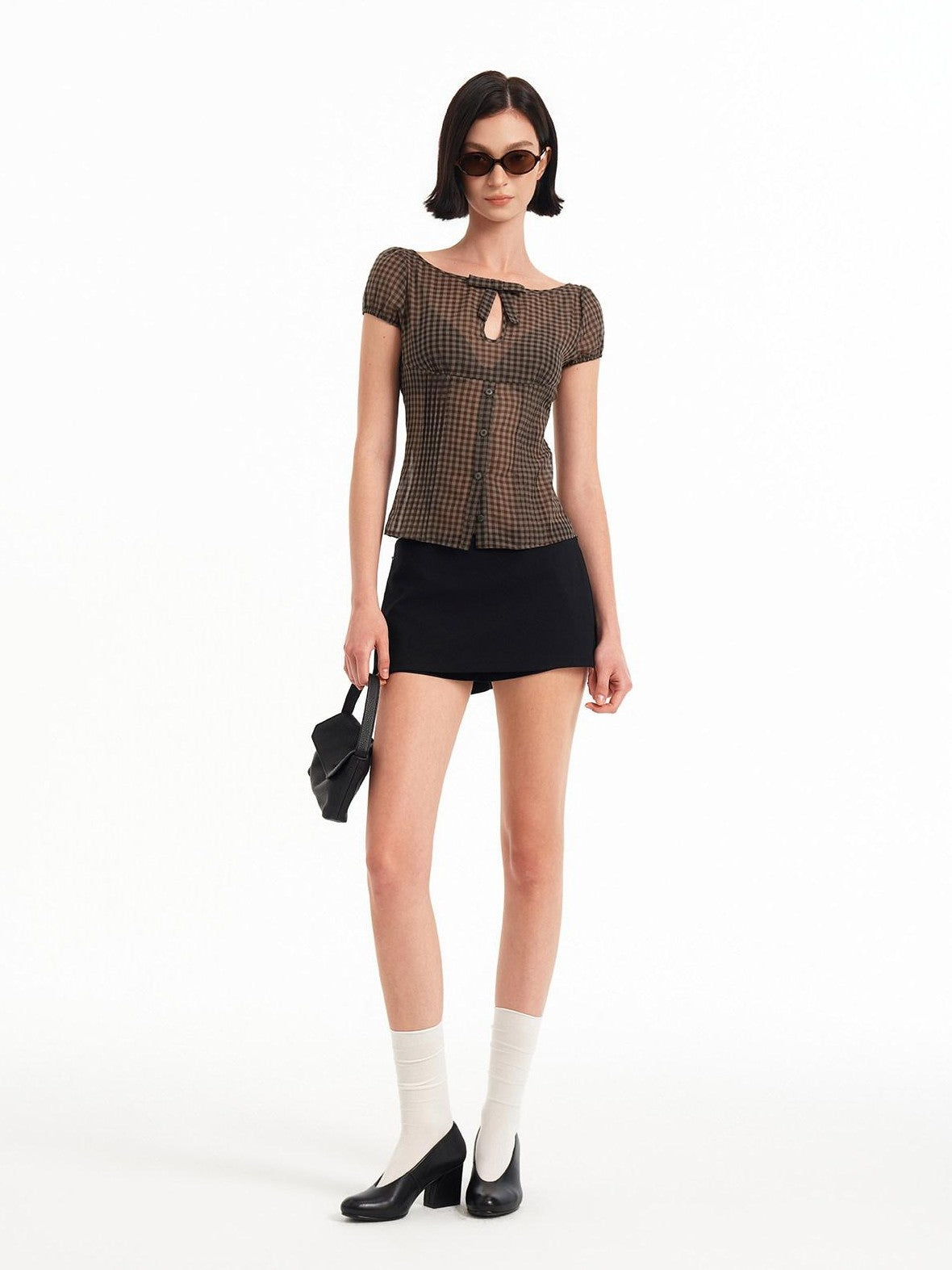 STRIKE A POSE Checked Cutout Bow Square Neck Women&