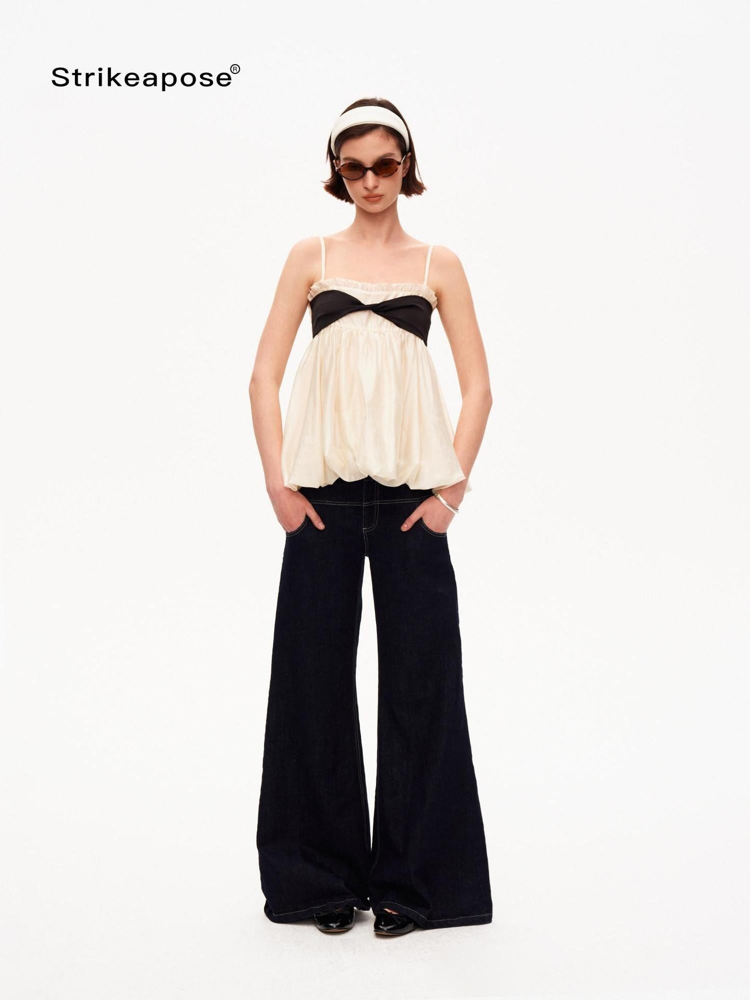 STRIKE A POSE Contrast Knot Ruffle Hem Bandeau Button Detail Women&