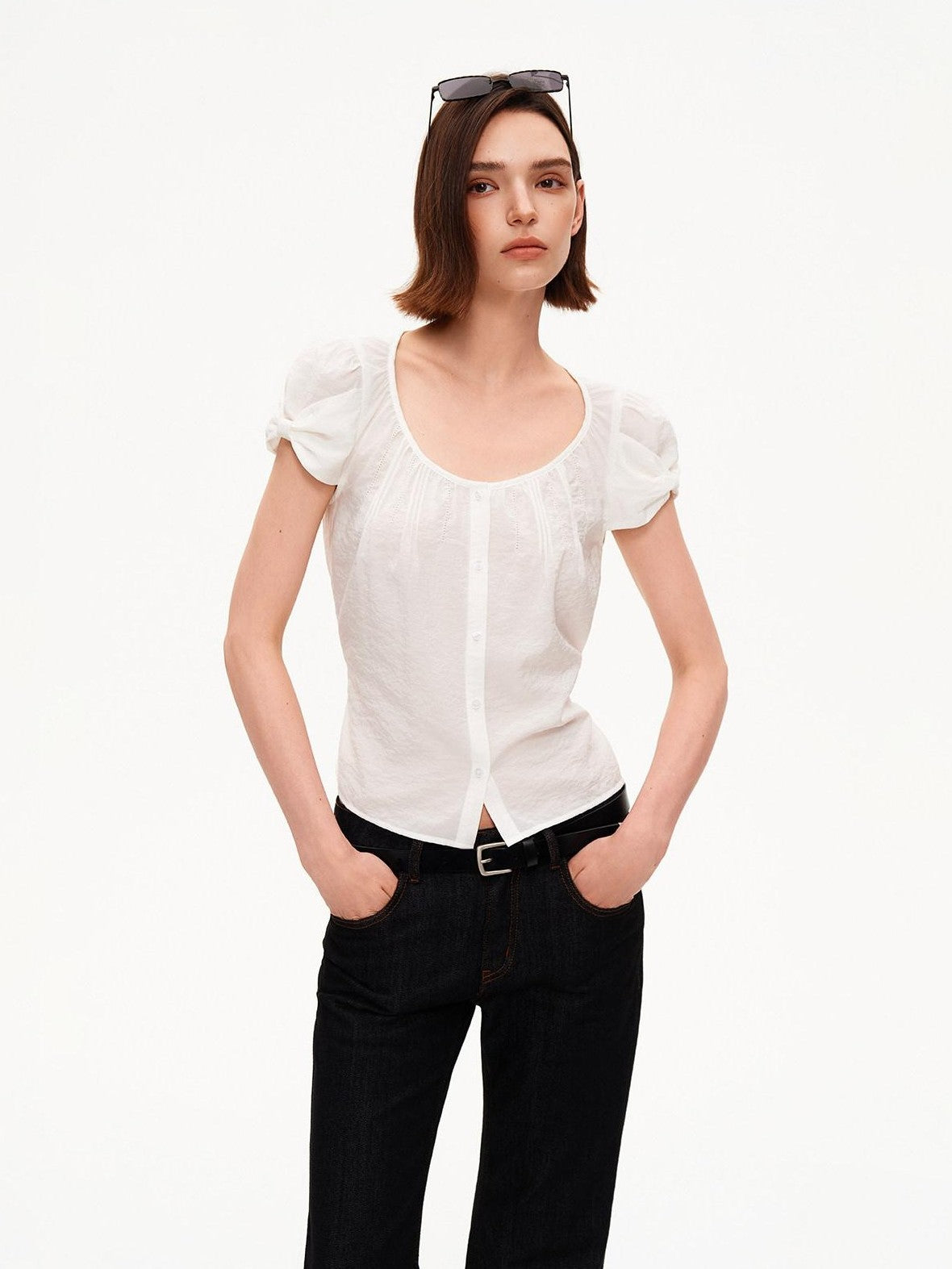 STRIKE A POSE Crew Neck Puff Sleeve Tuck Layered Women&