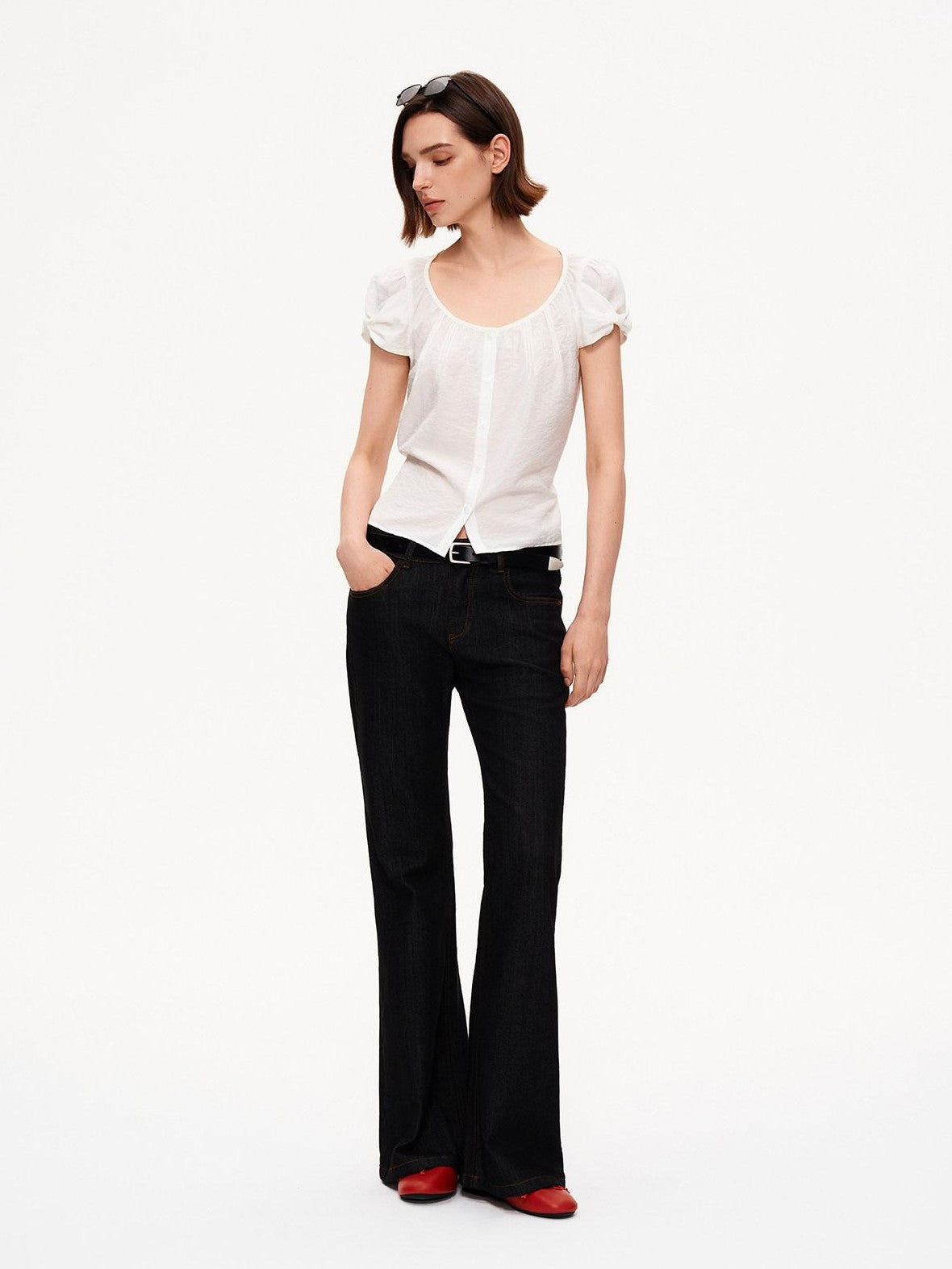 STRIKE A POSE Crew Neck Puff Sleeve Tuck Layered Women&