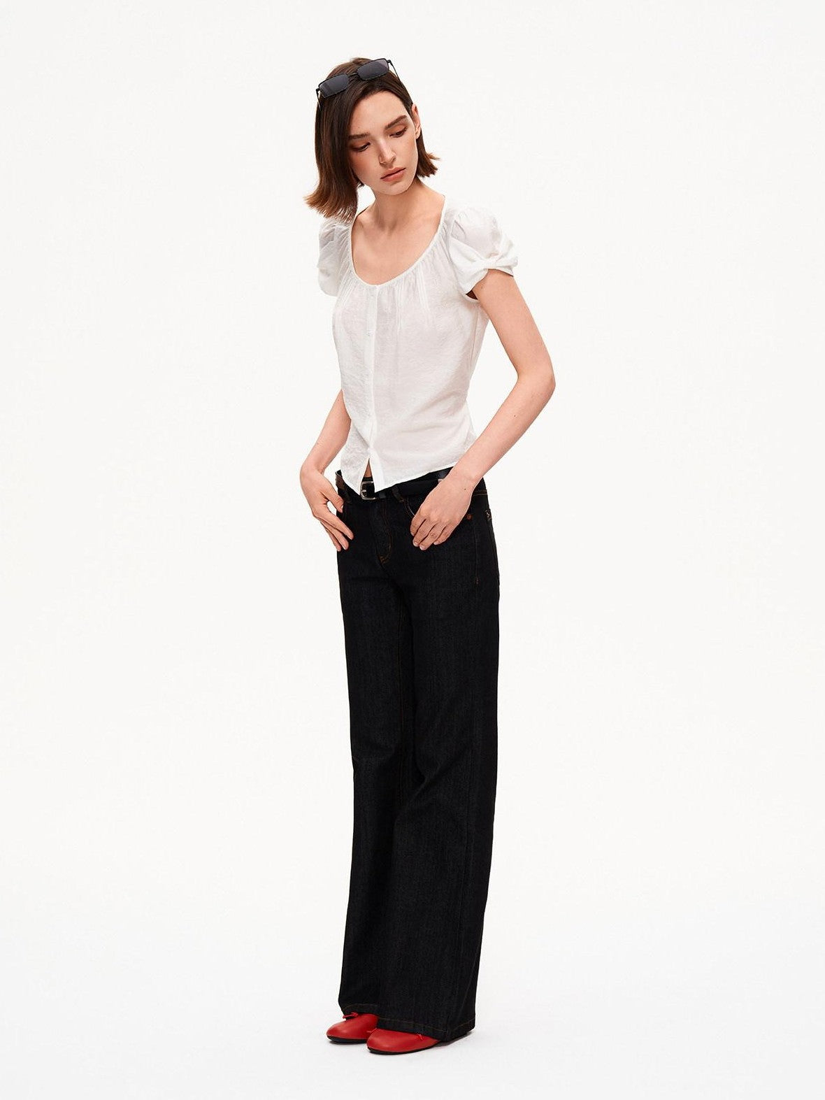 STRIKE A POSE Crew Neck Puff Sleeve Tuck Layered Women&