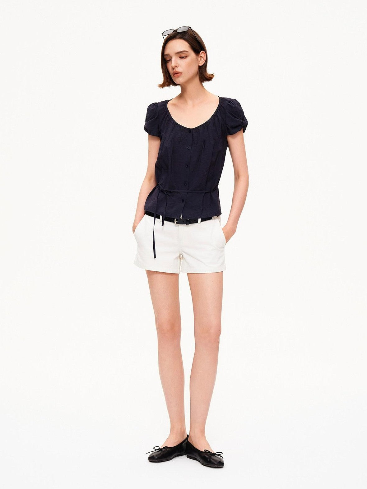 STRIKE A POSE Crew Neck Puff Sleeve Tuck Layered Women&