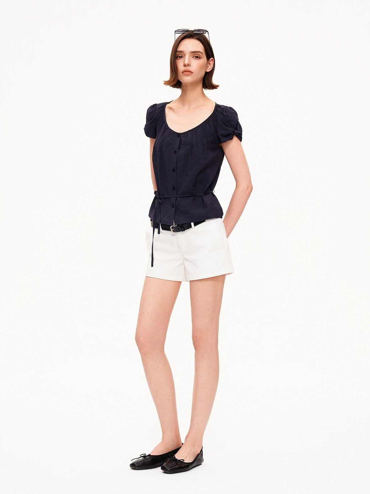 STRIKE A POSE Crew Neck Puff Sleeve Tuck Layered Women&