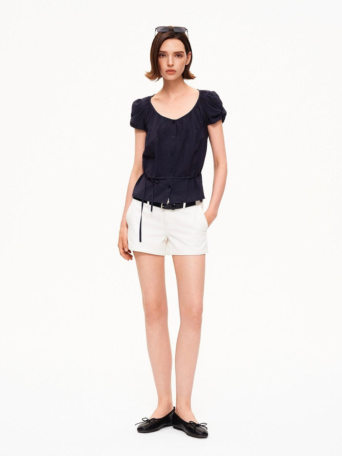 STRIKE A POSE Crew Neck Puff Sleeve Tuck Layered Women&