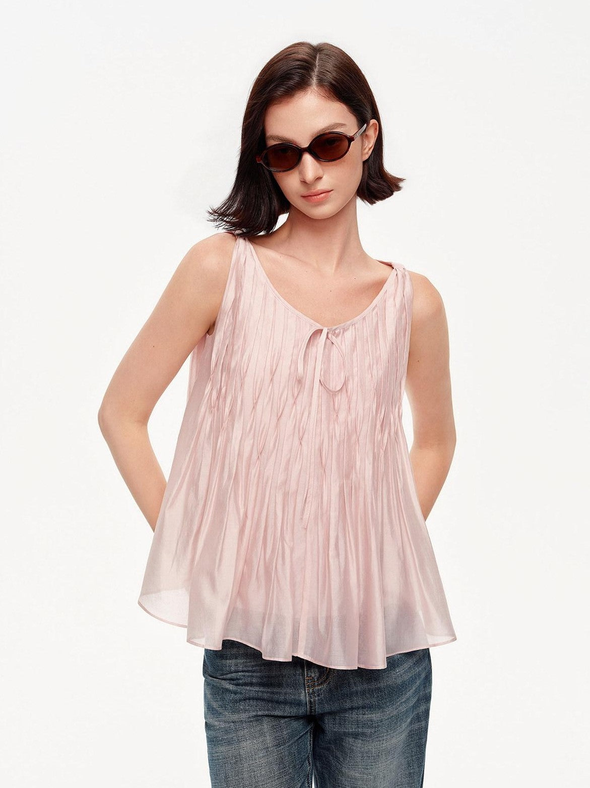 STRIKE A POSE Crinkled V-neck Pinched Pleat A Line Loose Lightweight Women&