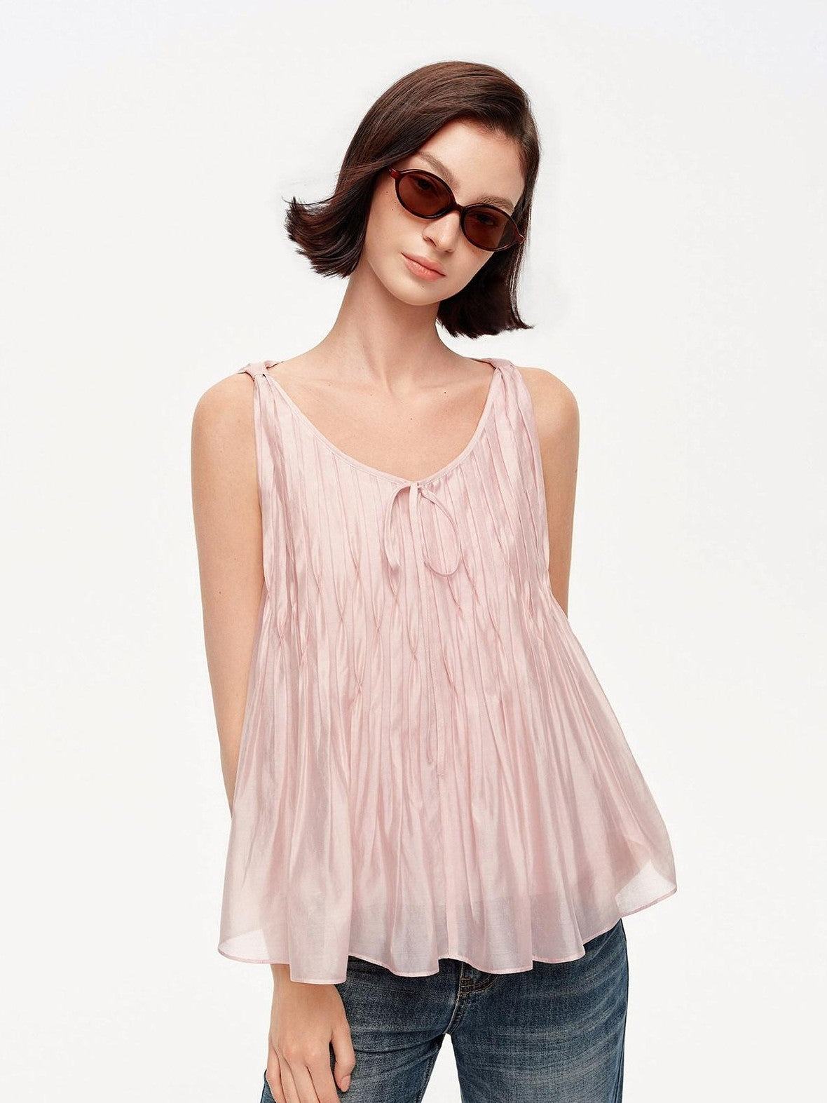 STRIKE A POSE Crinkled V-neck Pinched Pleat A Line Loose Lightweight Women&