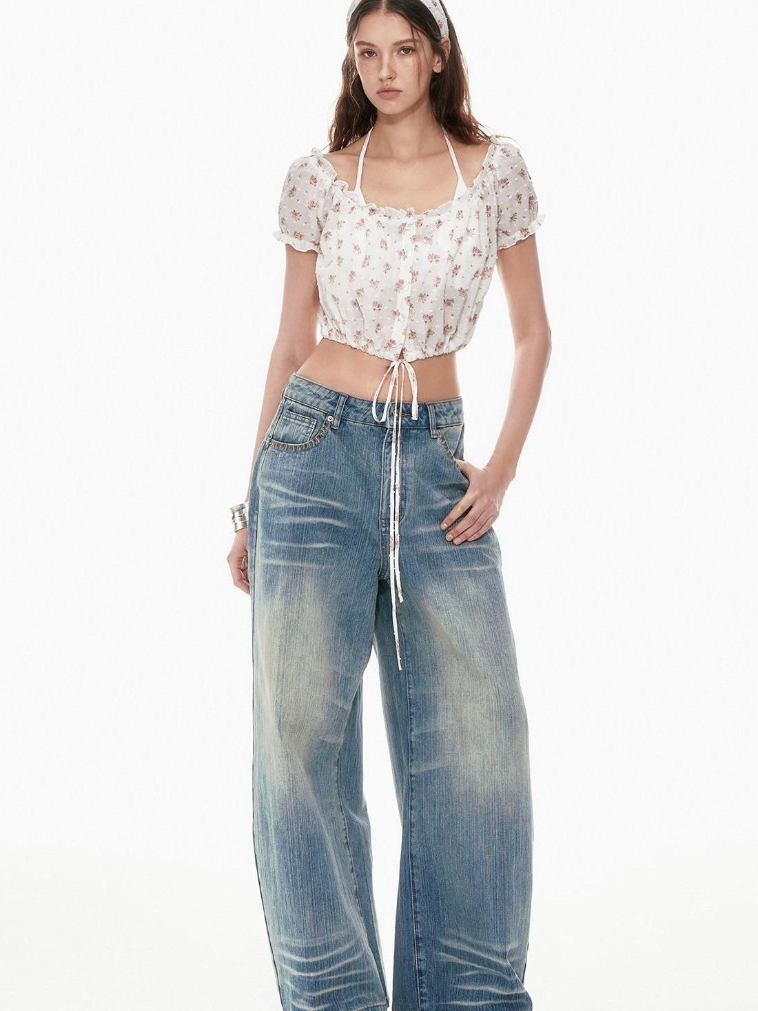 STRIKE A POSE Cropped Floral Lace Tie Puff Sleeve Cinched Waist Women&