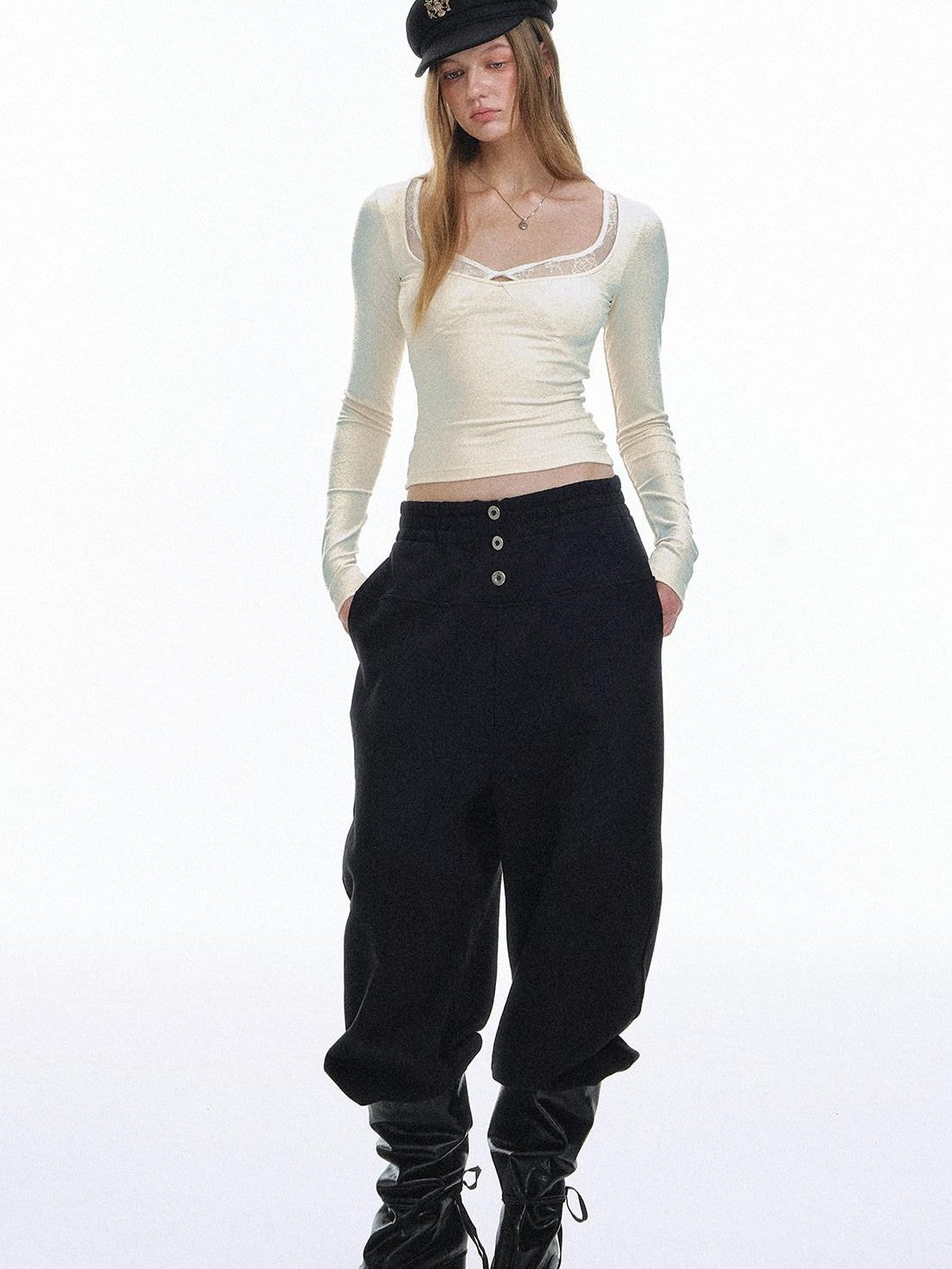 STRIKE A POSE Cropped Lace Twist Knot Square Neck Women&