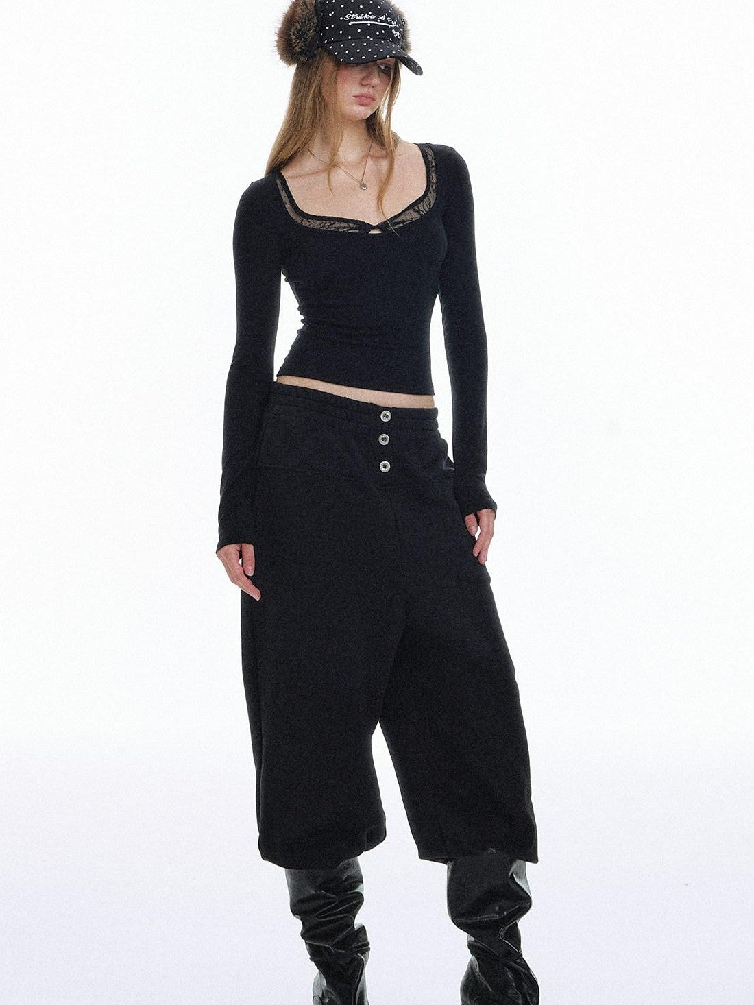 STRIKE A POSE Cropped Lace Twist Knot Square Neck Women&