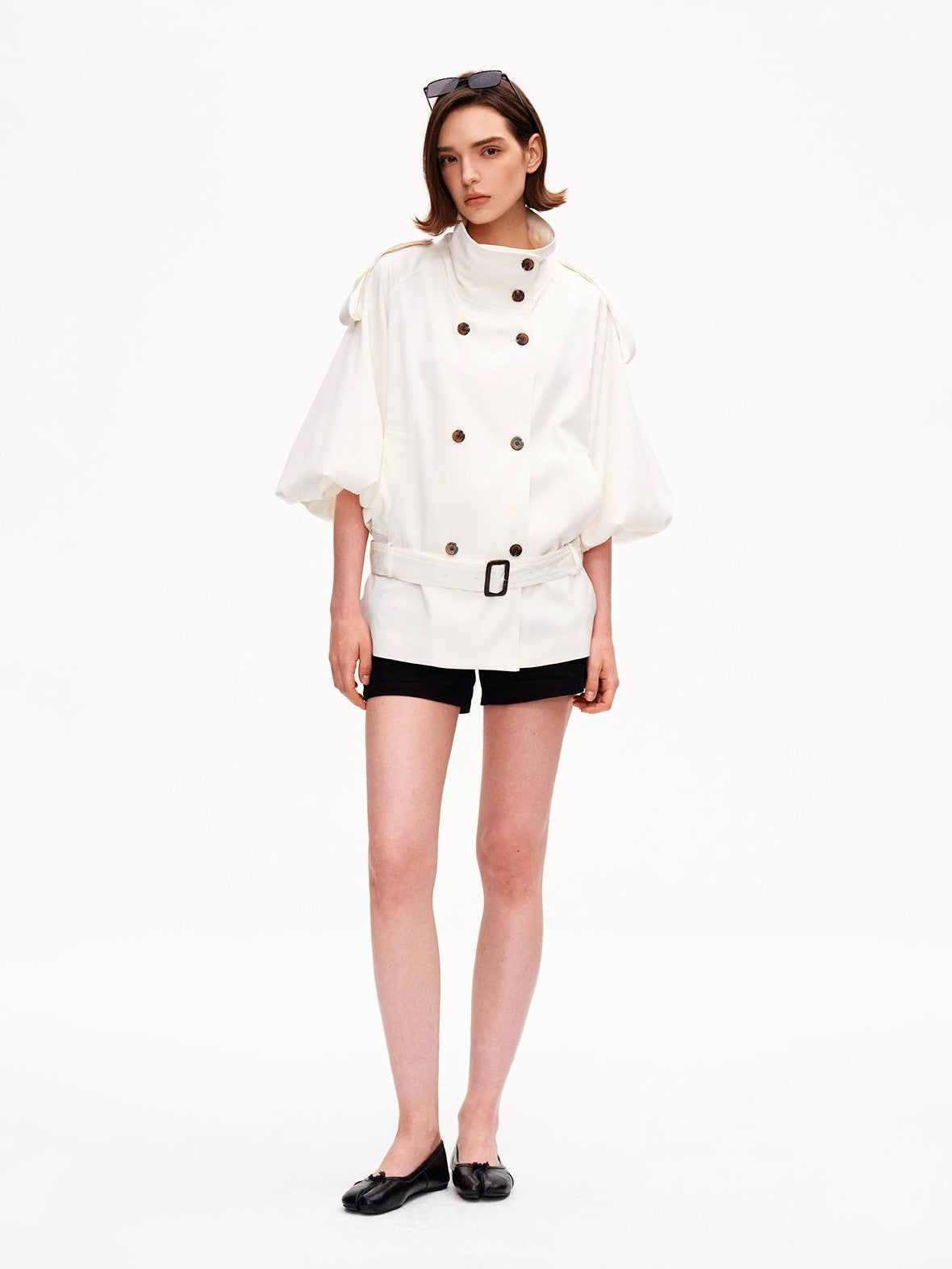 STRIKE A POSE Cropped Lantern Sleeve Stand Collar Double Breasted Women&