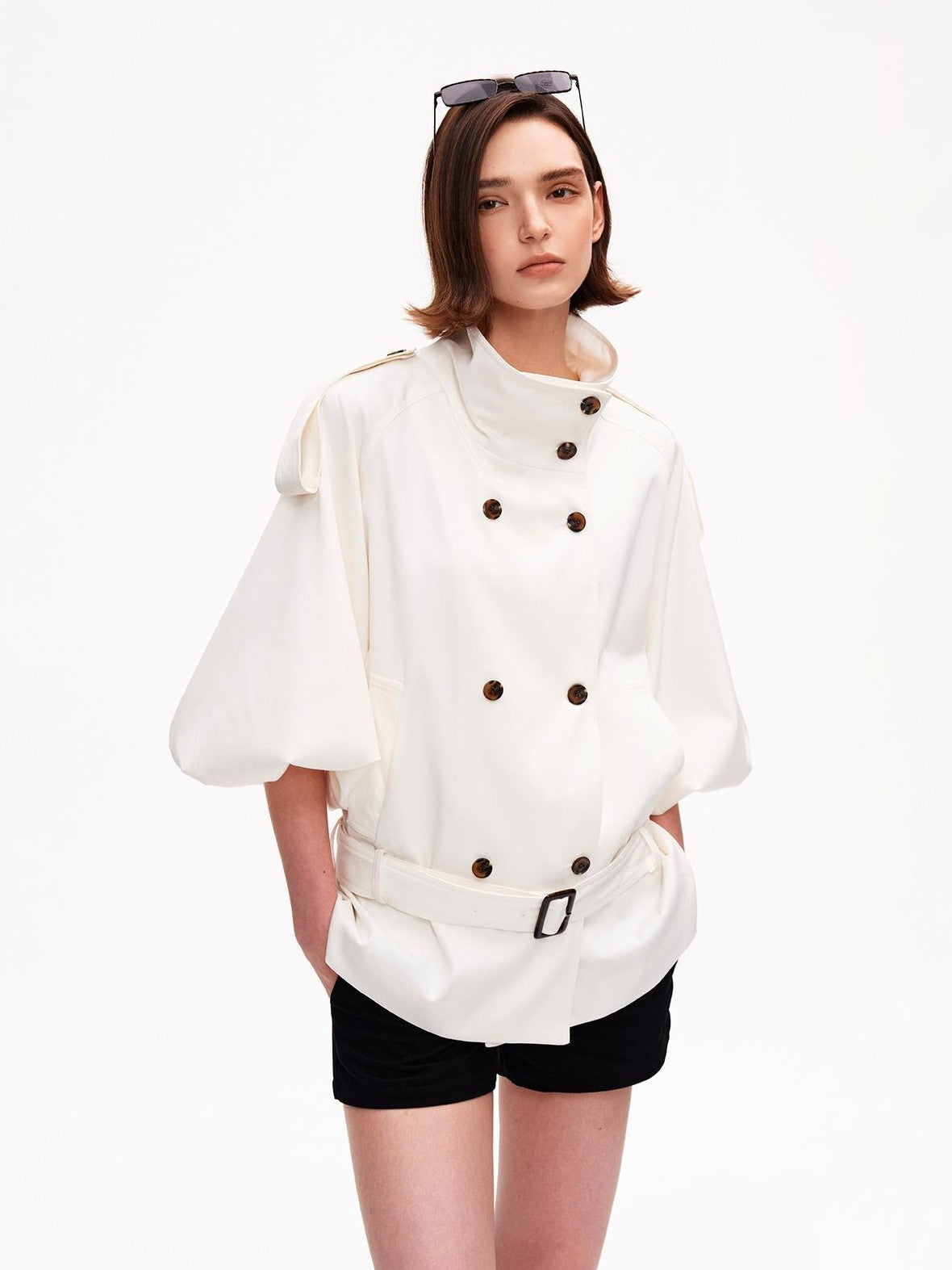 STRIKE A POSE Cropped Lantern Sleeve Stand Collar Double Breasted Women&
