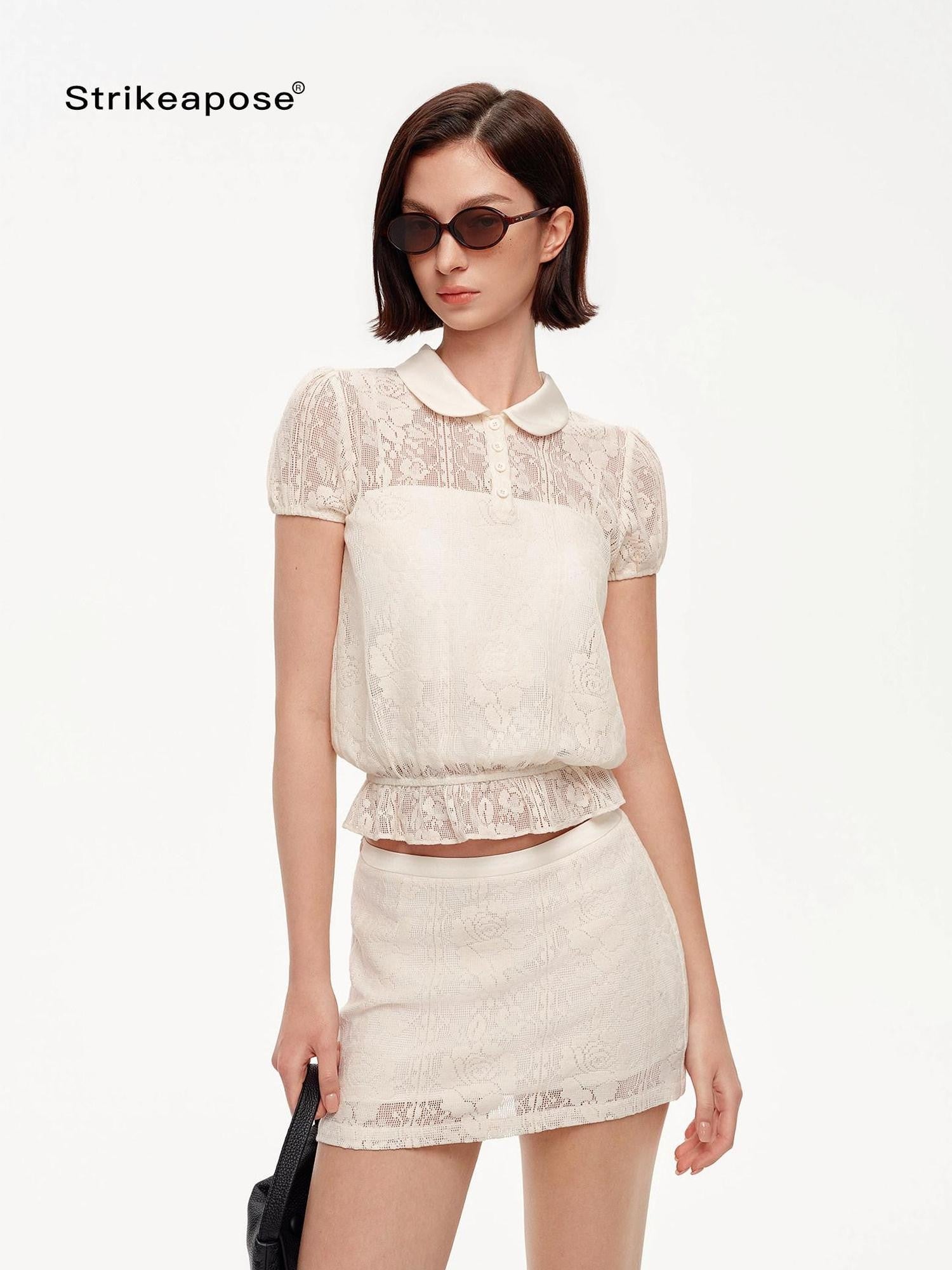 STRIKE A POSE Doll Collar Mock Embroidery Cinched Women&