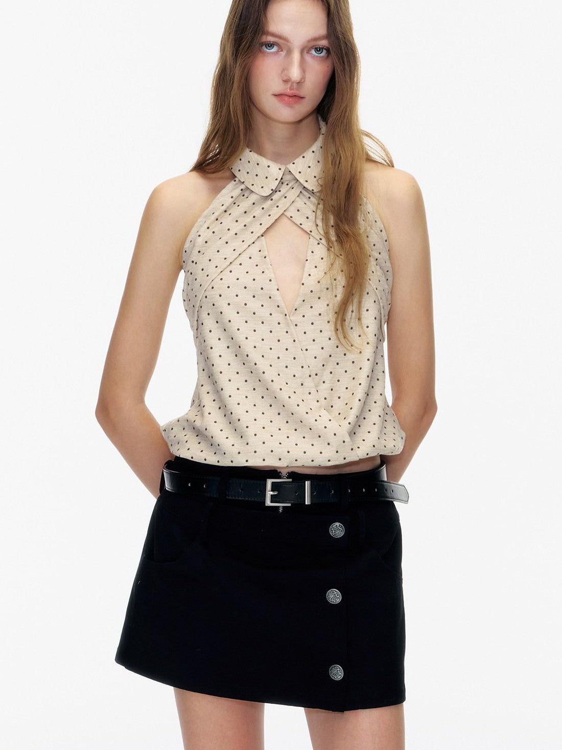 STRIKE A POSE Doll Collar Polka Dot Backless Pleated Women&