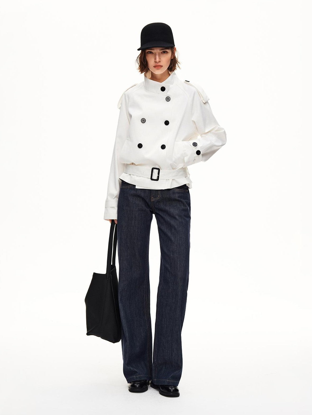 STRIKE A POSE Double Breasted Stand Collar Belted Cropped Women&