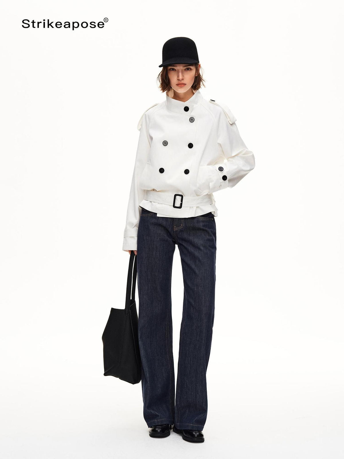 STRIKE A POSE Double Breasted Stand Collar Belted Cropped Women&