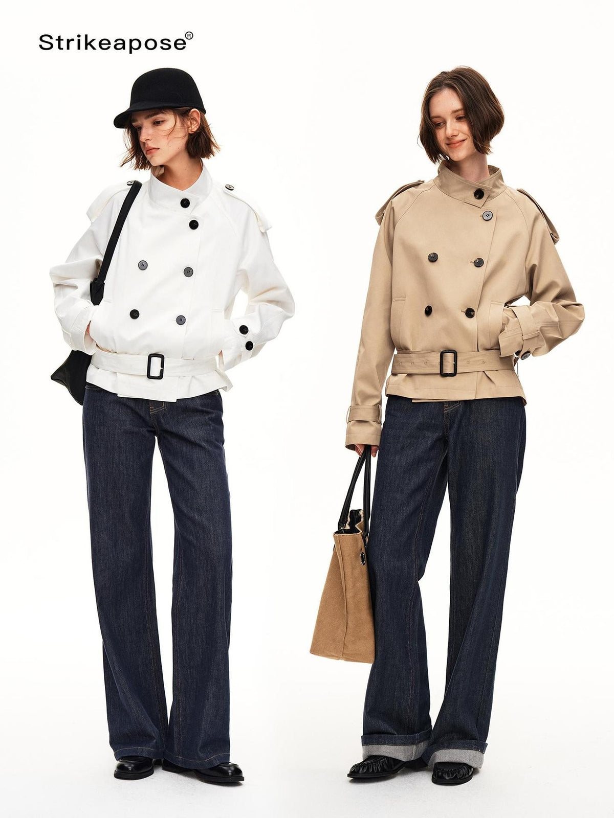 STRIKE A POSE Double Breasted Stand Collar Belted Cropped Women&