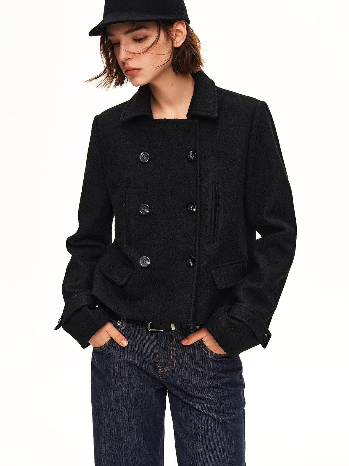 STRIKE A POSE Double Breasted Wool Collarless Women&
