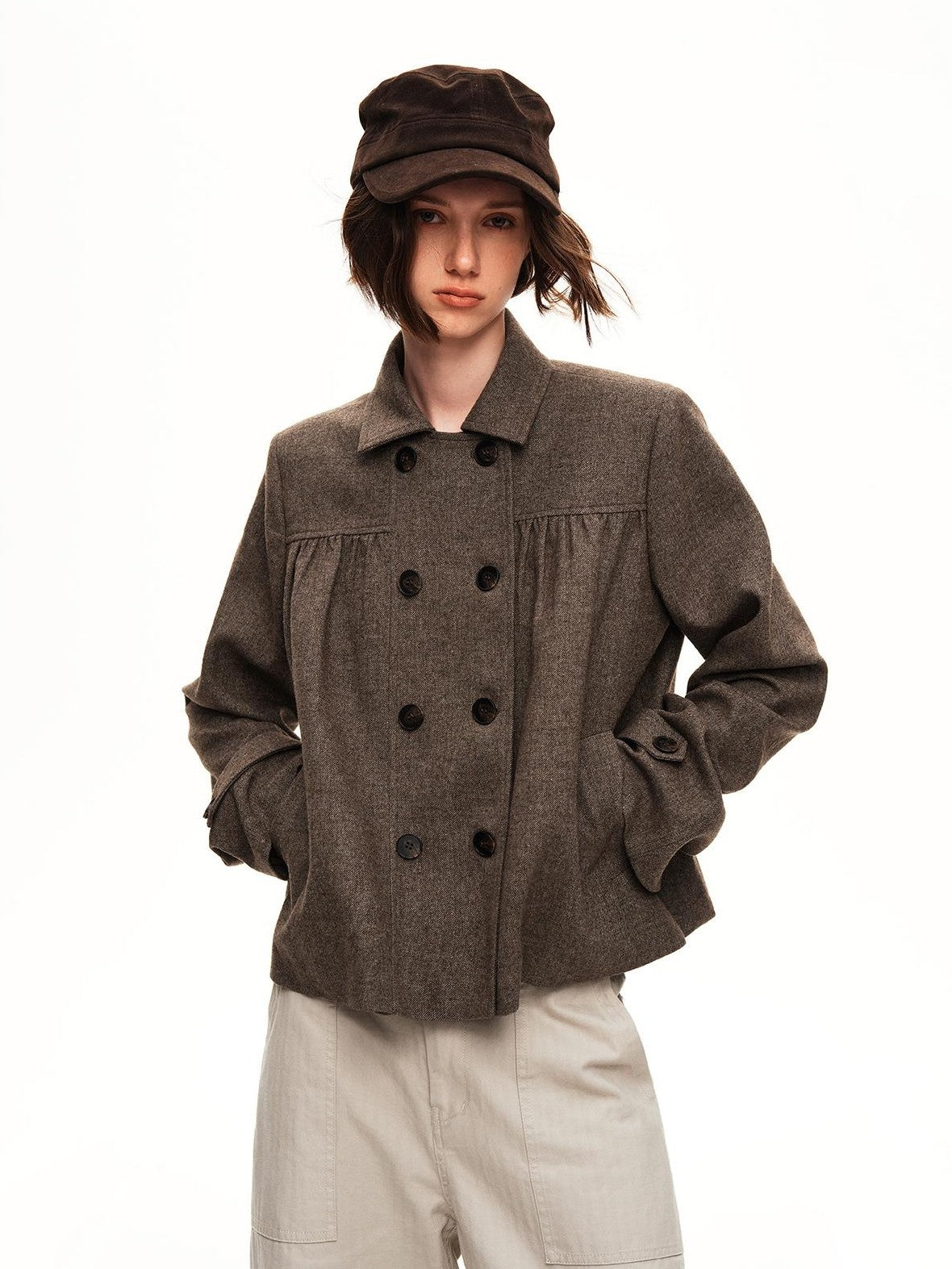 STRIKE A POSE Double Breasted Wool Lapel Cropped Loose Vintage Women&