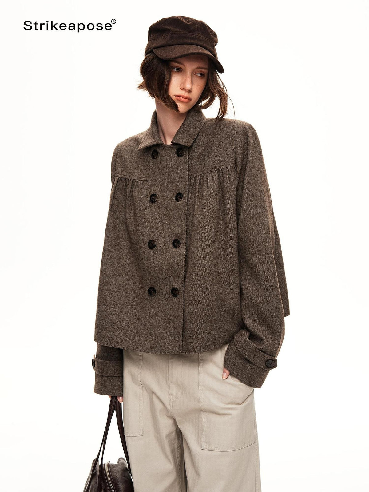 STRIKE A POSE Double Breasted Wool Lapel Cropped Loose Vintage Women&