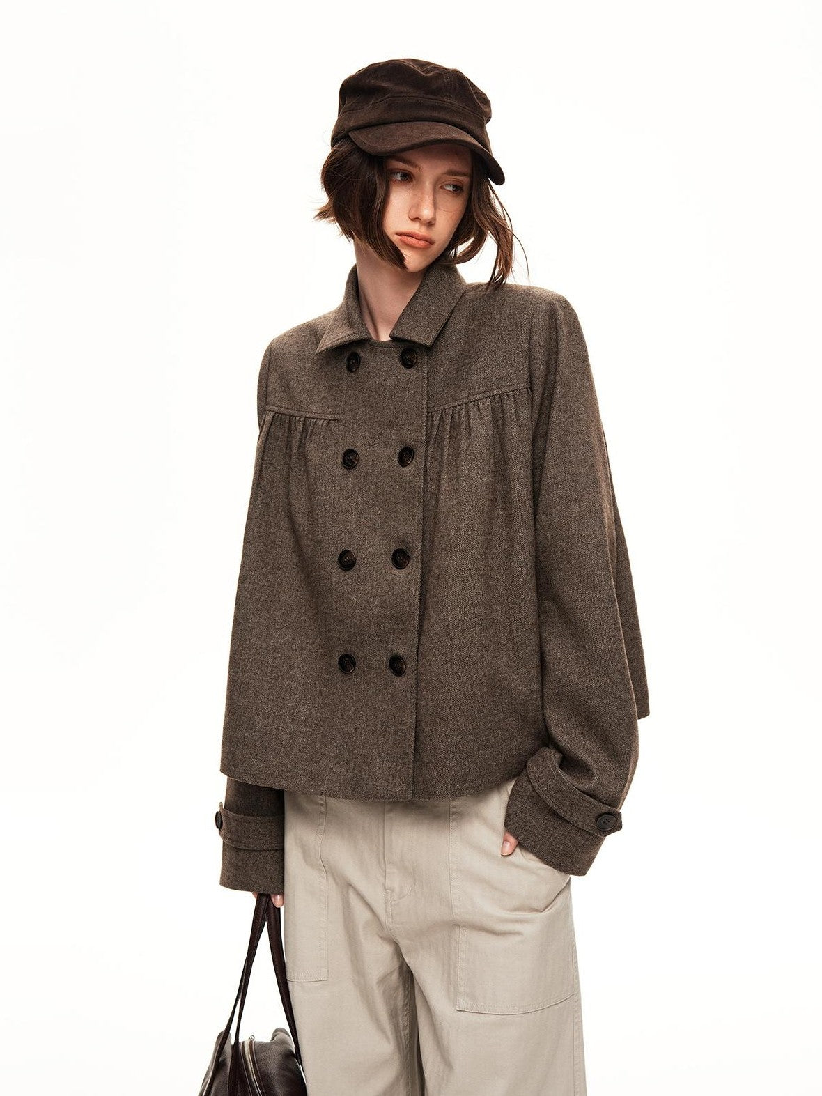 STRIKE A POSE Double Breasted Wool Lapel Cropped Loose Vintage Women&