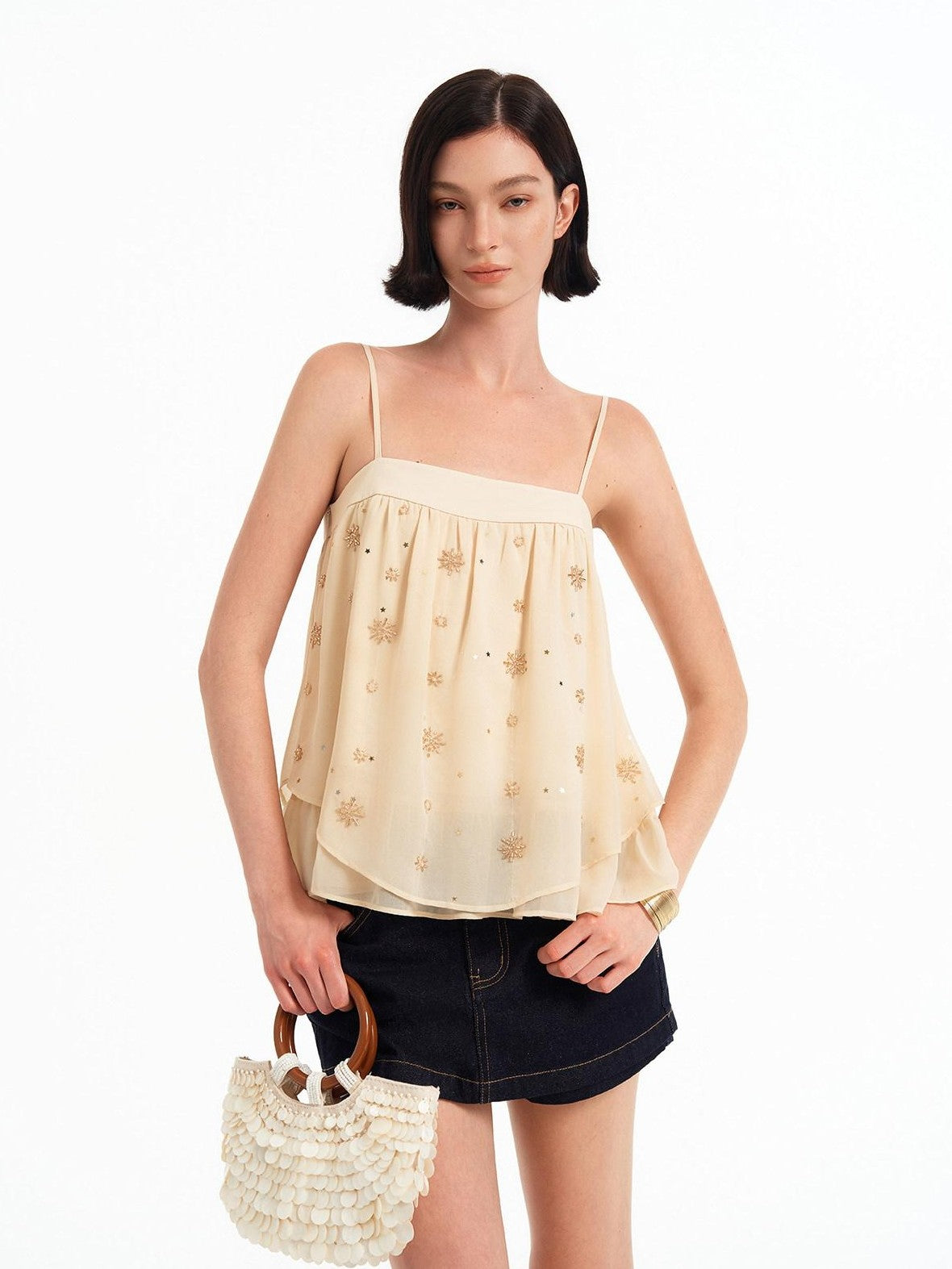 STRIKE A POSE Double Layer Sheer Embroidered Beaded Square Neck Women&