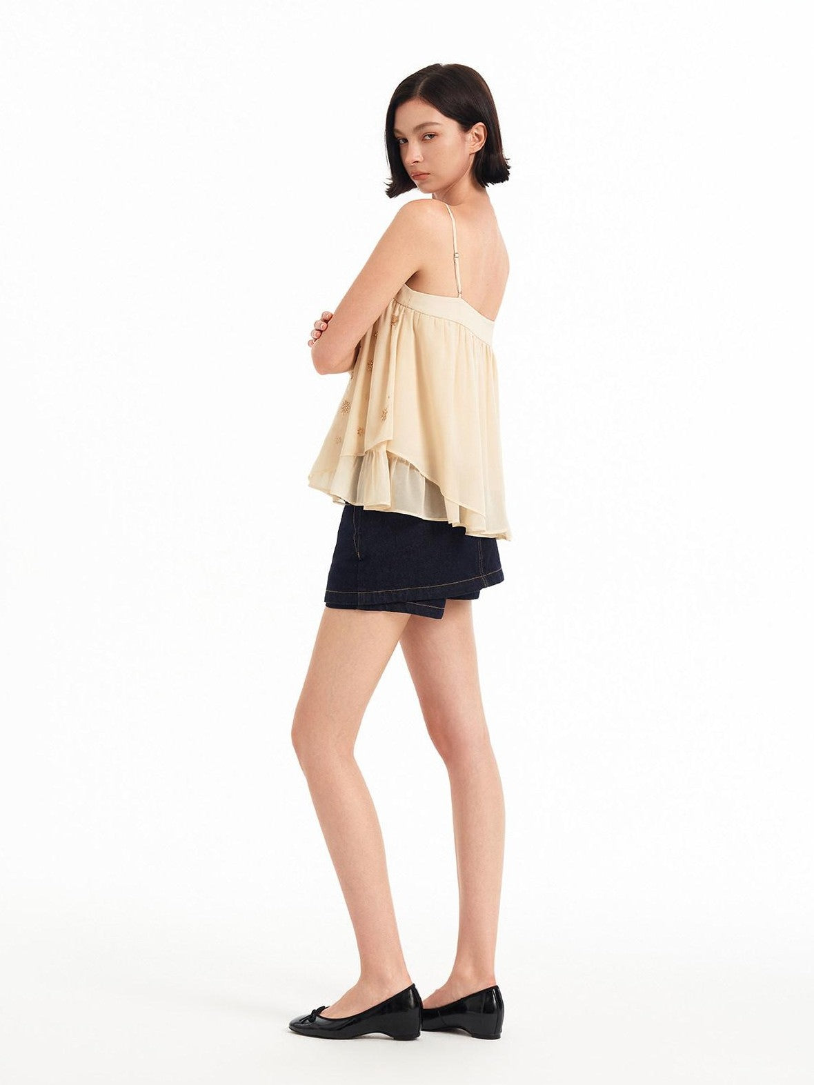 STRIKE A POSE Double Layer Sheer Embroidered Beaded Square Neck Women&