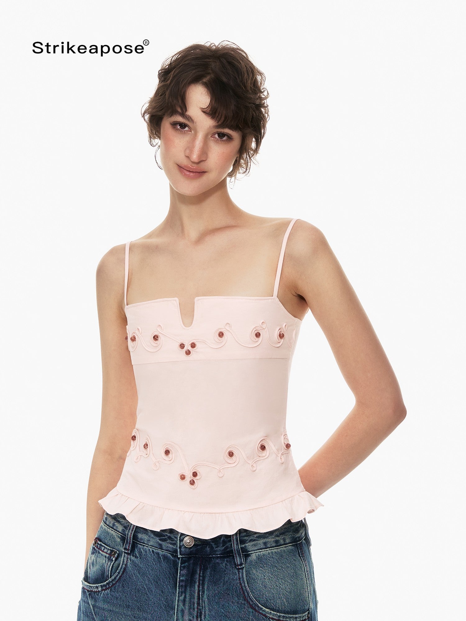 STRIKE A POSE Floral V-neck Rope Embroidery Ruffle Slim Fit Women&