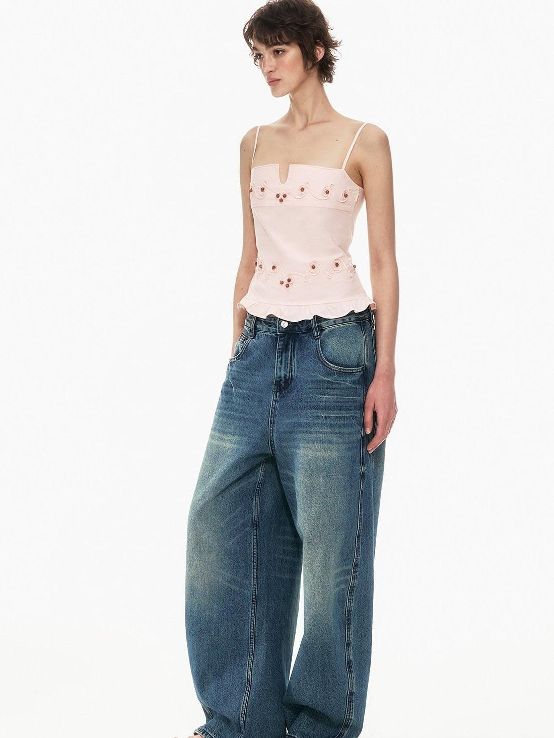 STRIKE A POSE Floral V-neck Rope Embroidery Ruffle Slim Fit Women&