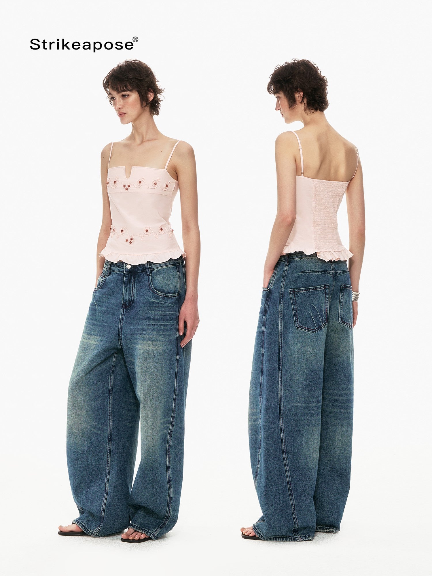 STRIKE A POSE Floral V-neck Rope Embroidery Ruffle Slim Fit Women&