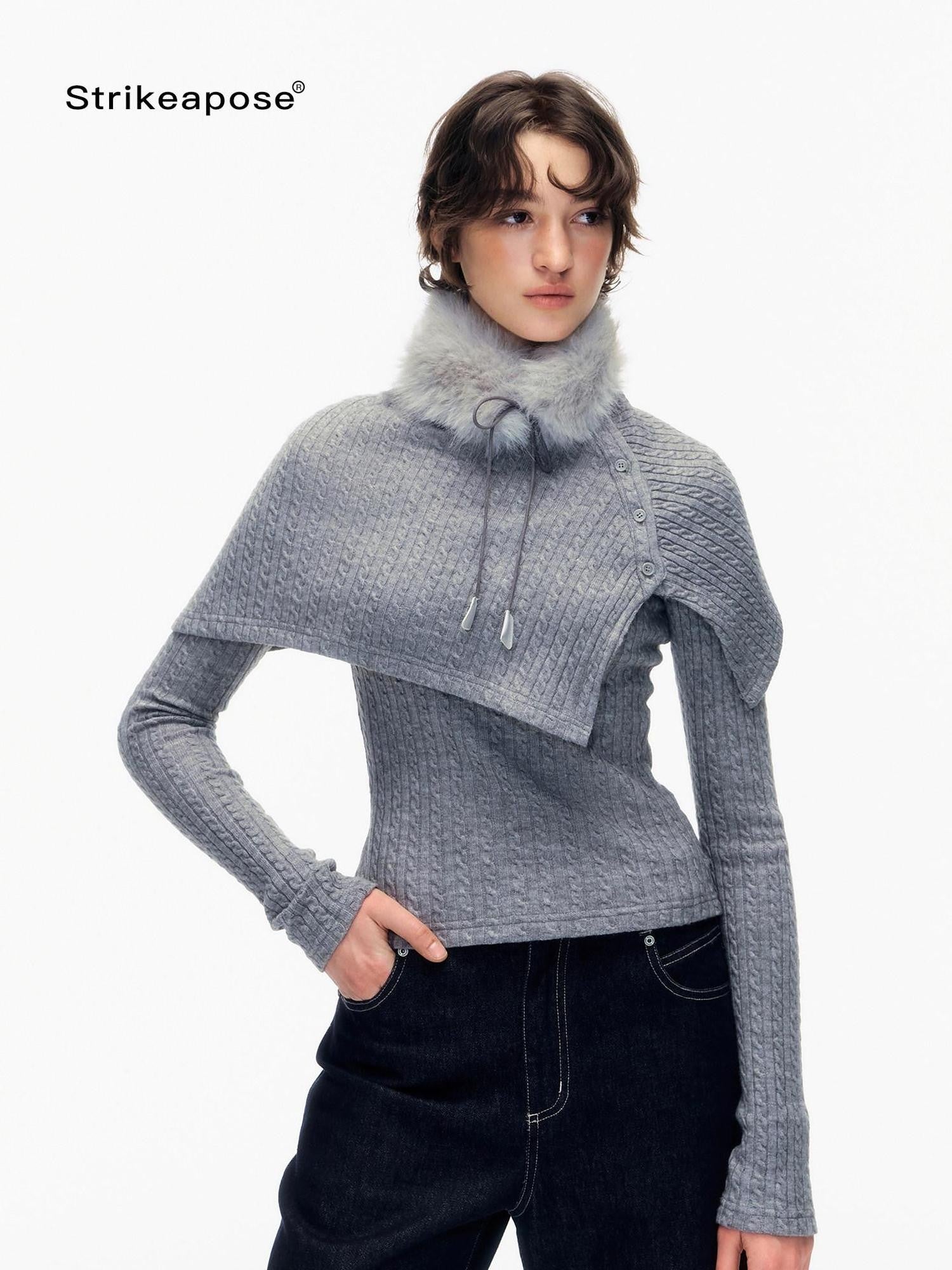 STRIKE A POSE Gray Cable Knit Fur Collar Cape Two Piece Women&