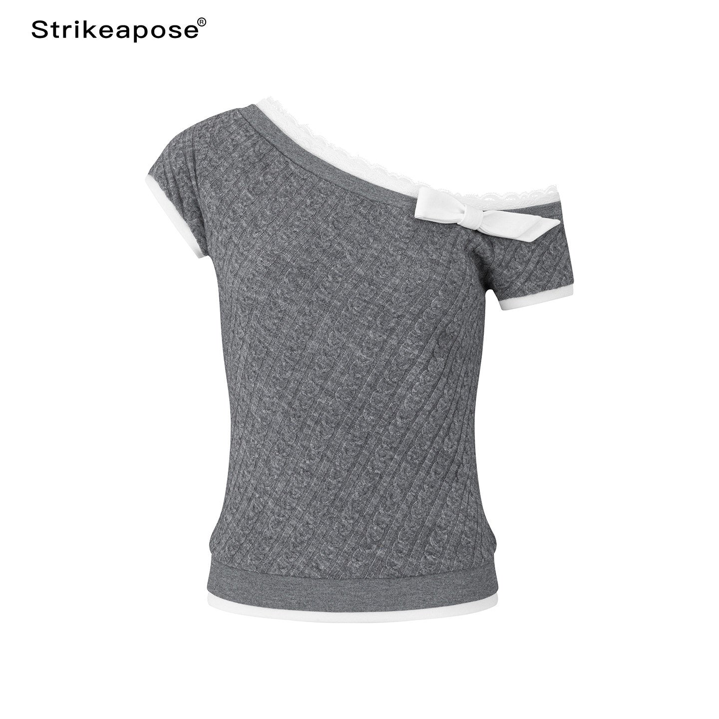 STRIKE_A_POSE_Gray_Lace_Trim_Bow_Asymmetric_Cable_Knit_Women&