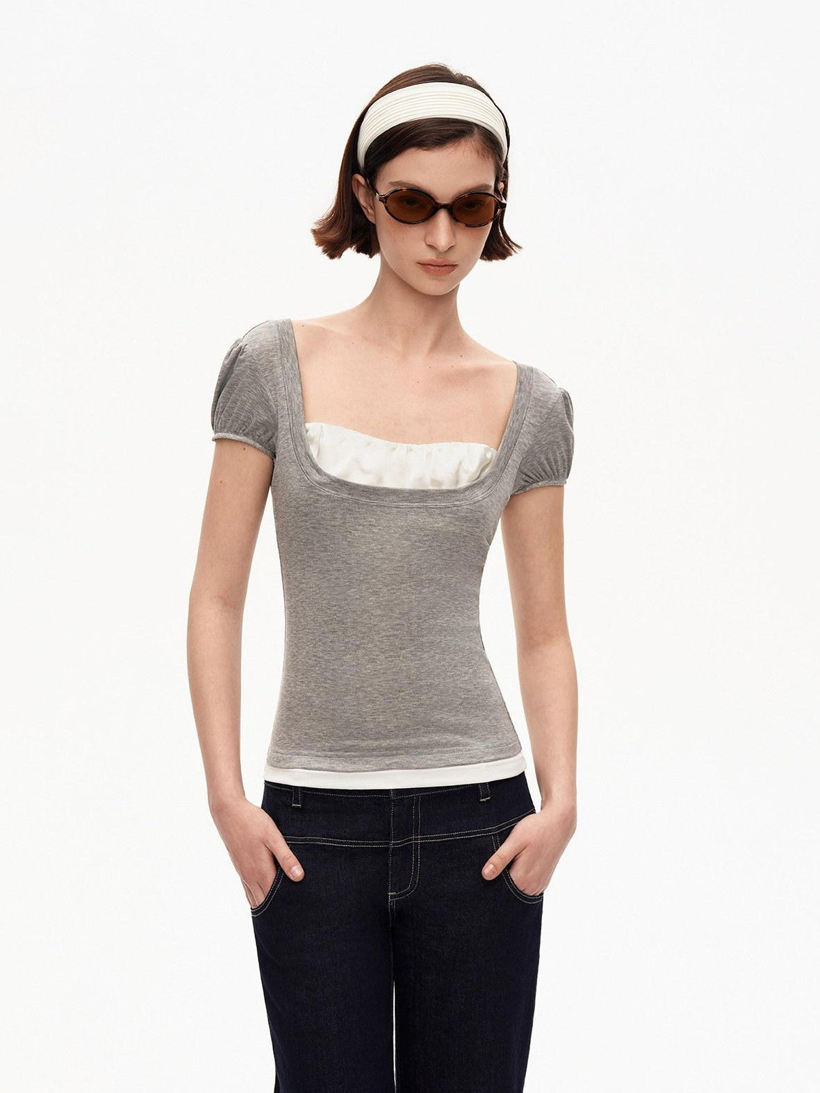 STRIKE A POSE Grey U Neck Puff Sleeve Layered Slim Waist Women&