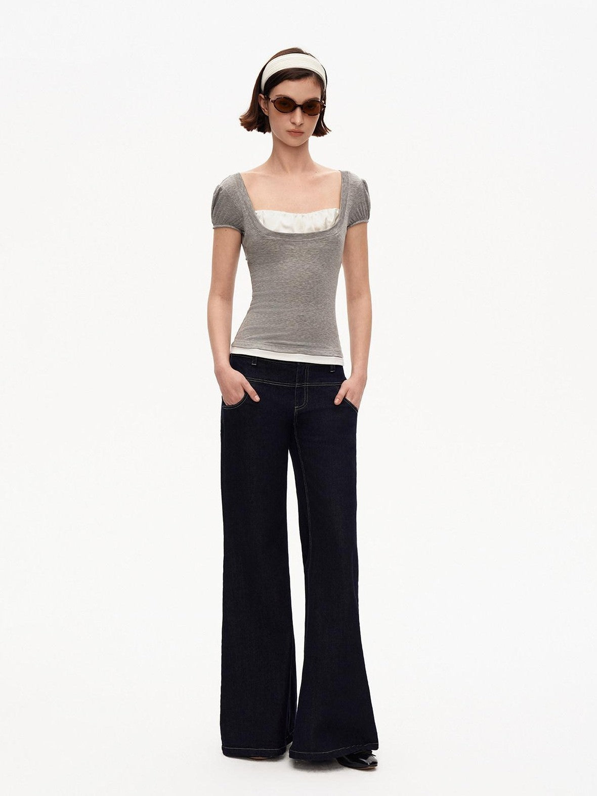 STRIKE A POSE Grey U Neck Puff Sleeve Layered Slim Waist Women&
