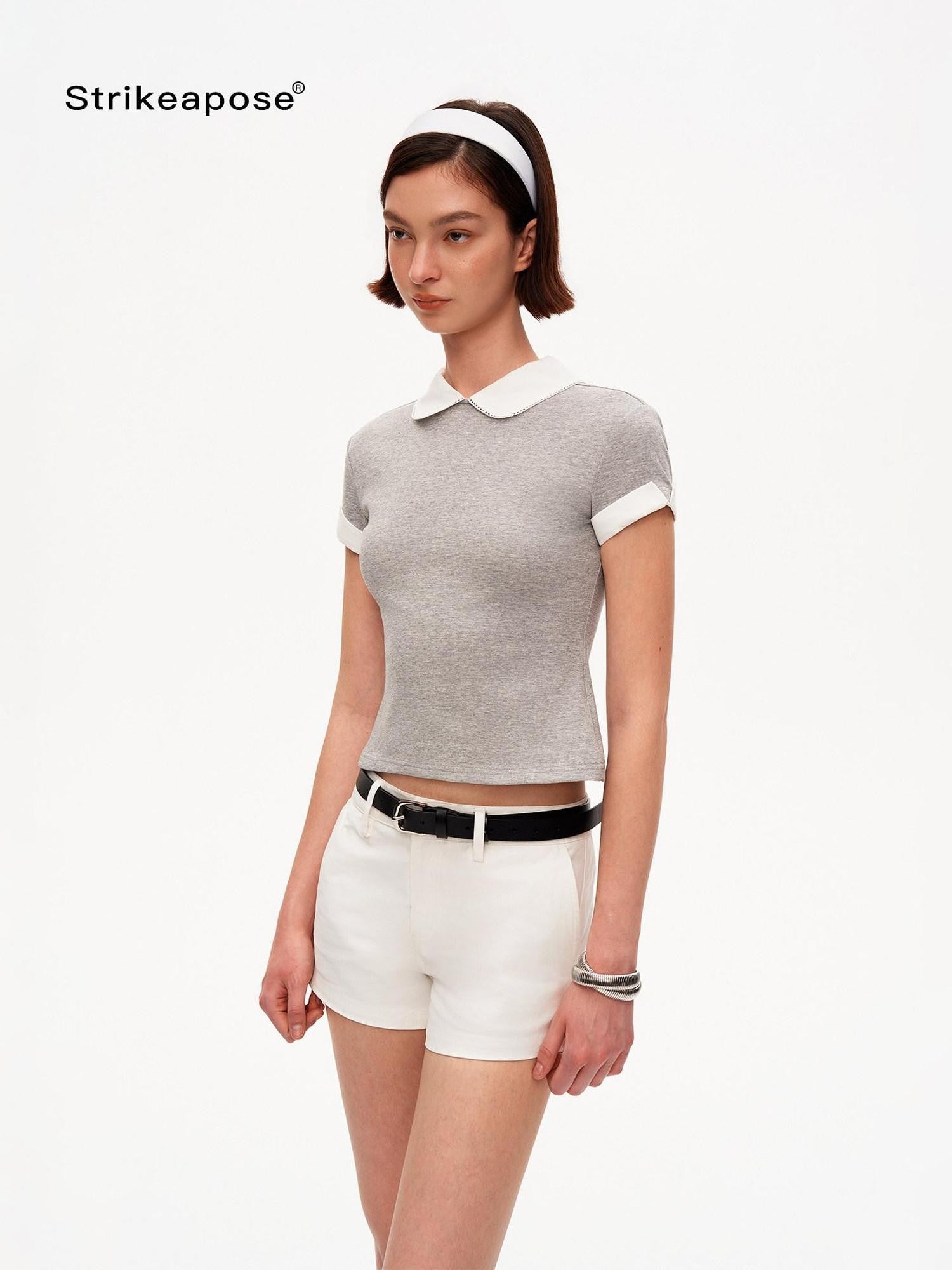 STRIKE A POSE Heather Gray Contrast Splice Doll Collar Women&