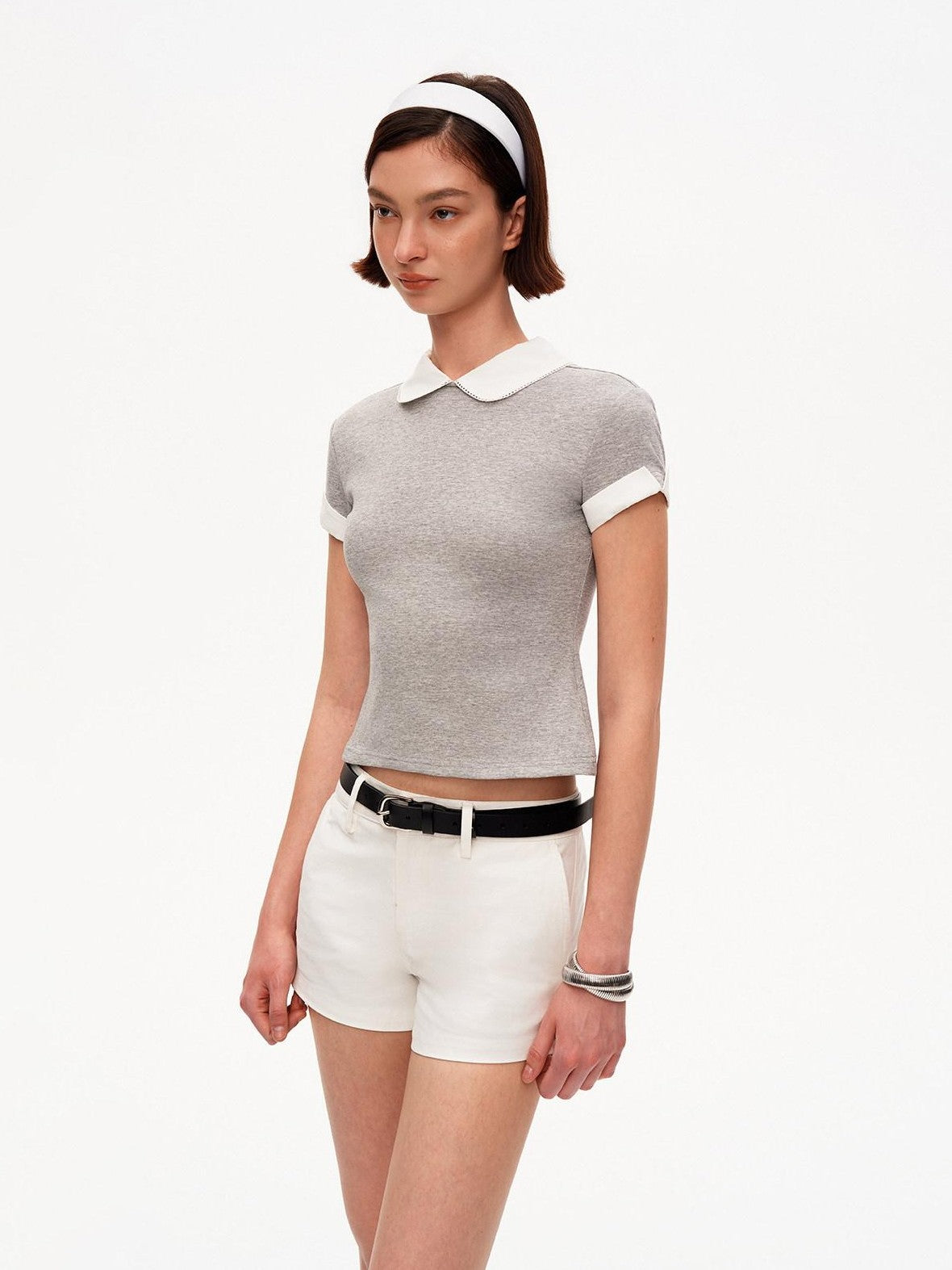 STRIKE A POSE Heather Gray Contrast Splice Doll Collar Women&