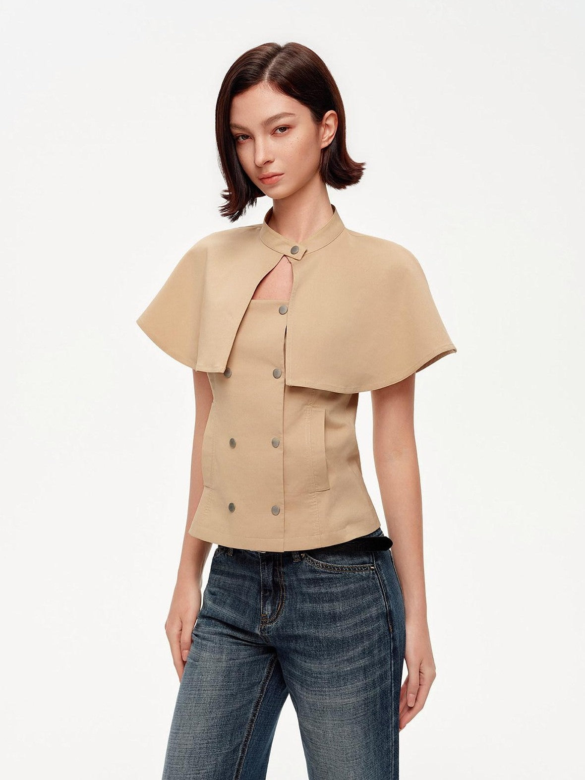 STRIKE A POSE Khaki Stand Collar Double Breasted Structured Cotton Blend Women&