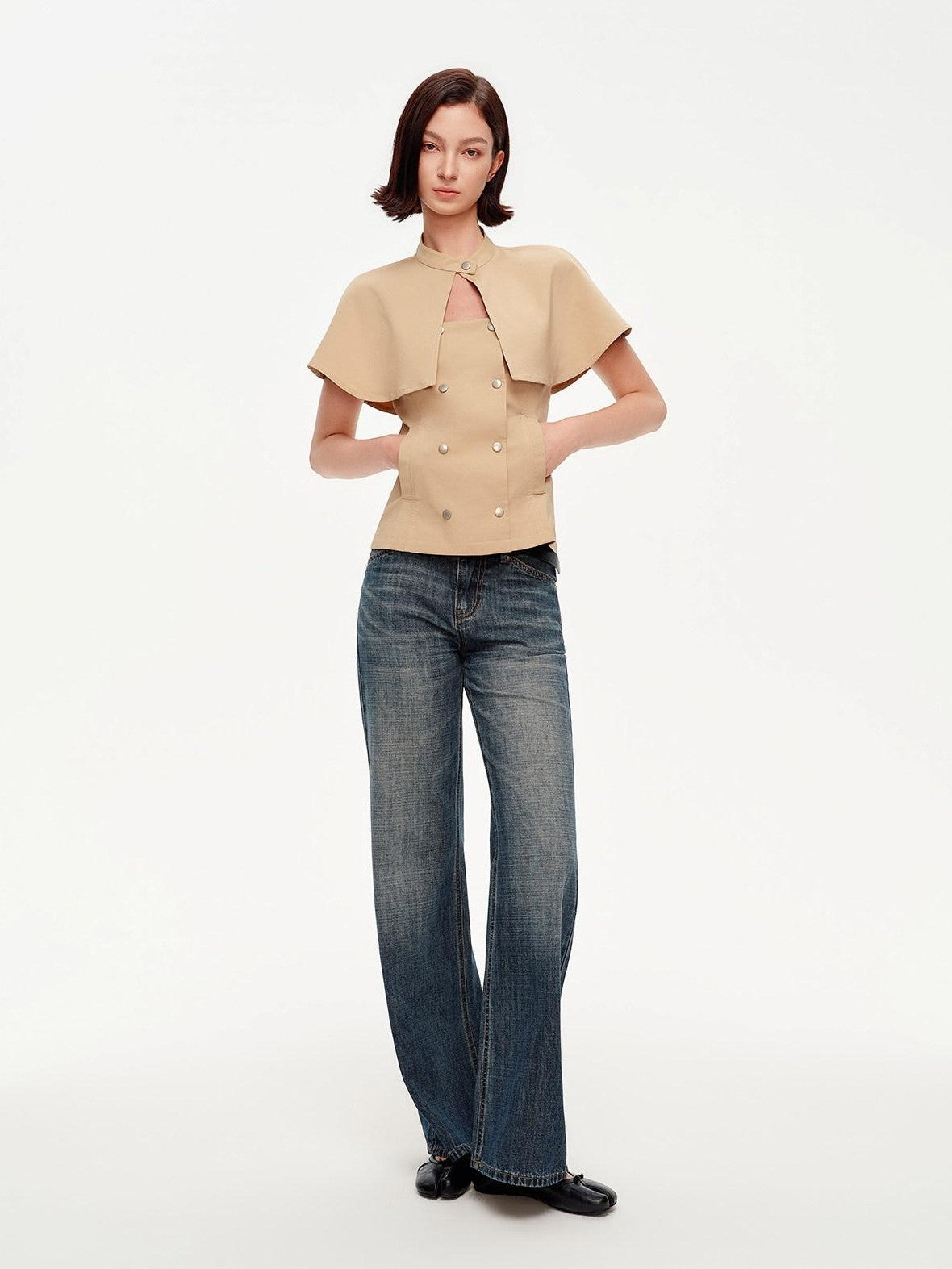 STRIKE A POSE Khaki Stand Collar Double Breasted Structured Cotton Blend Women&