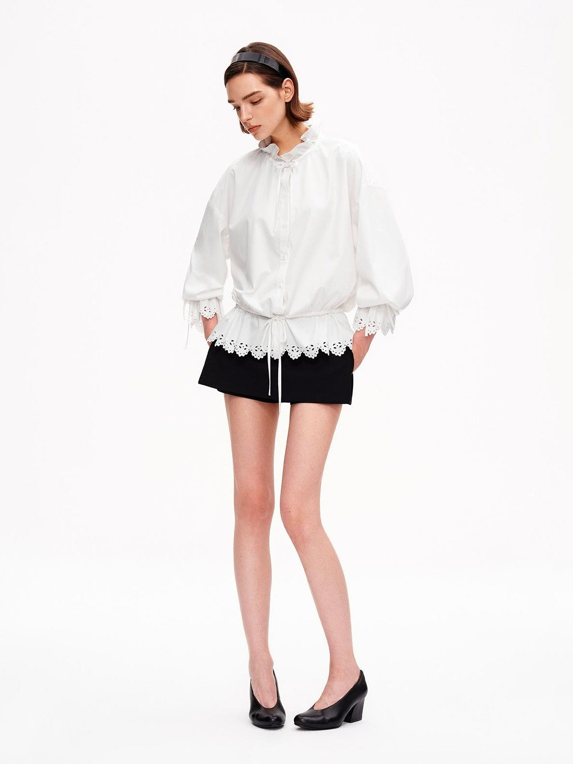 STRIKE A POSE Lace Ruffle Drawstring Stand Collar Loose 3 4 Sleeve Women&