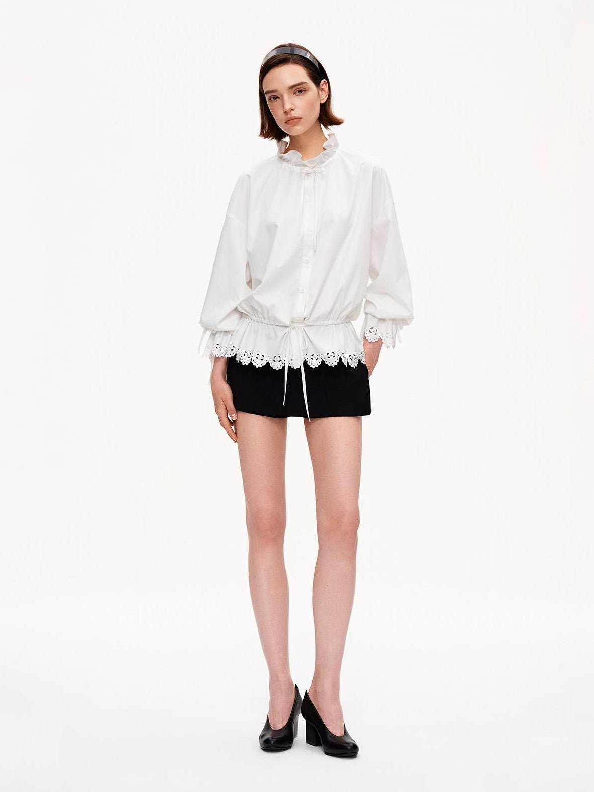 STRIKE A POSE Lace Ruffle Drawstring Stand Collar Loose 3 4 Sleeve Women&