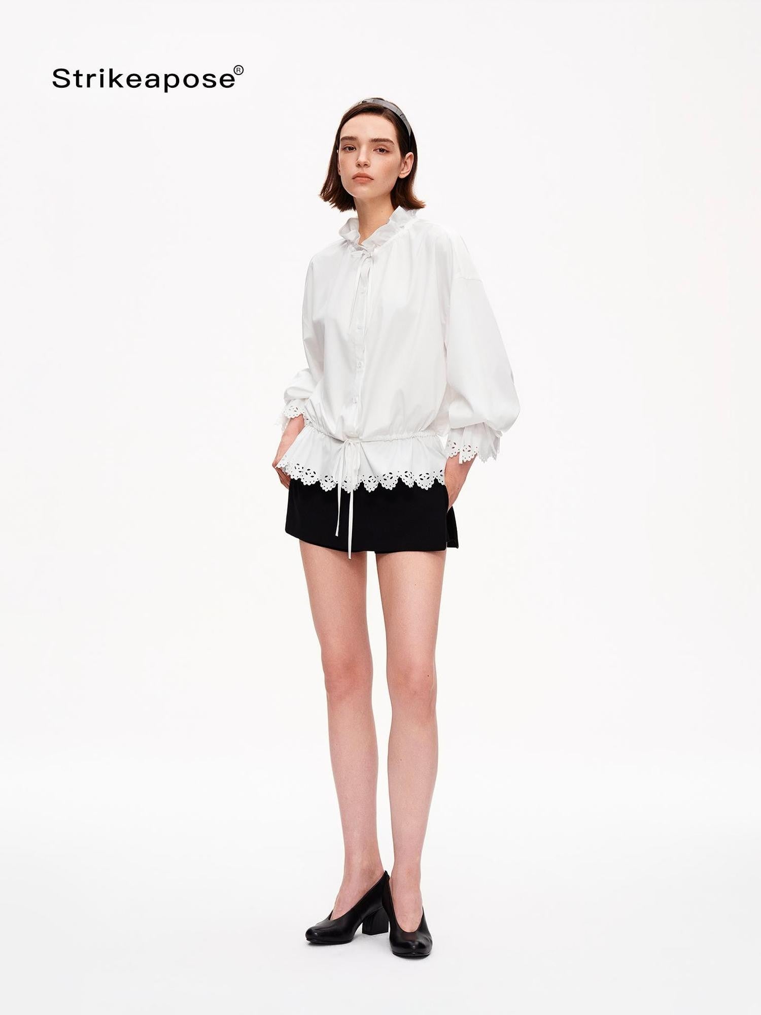 STRIKE A POSE Lace Ruffle Drawstring Stand Collar Loose 3 4 Sleeve Women&